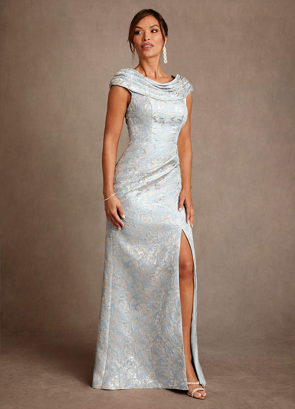 Azazie Irvine Mother of the Bride Dresses Dusty Blue A-Line Pleated Floral Jacquard Dress image3