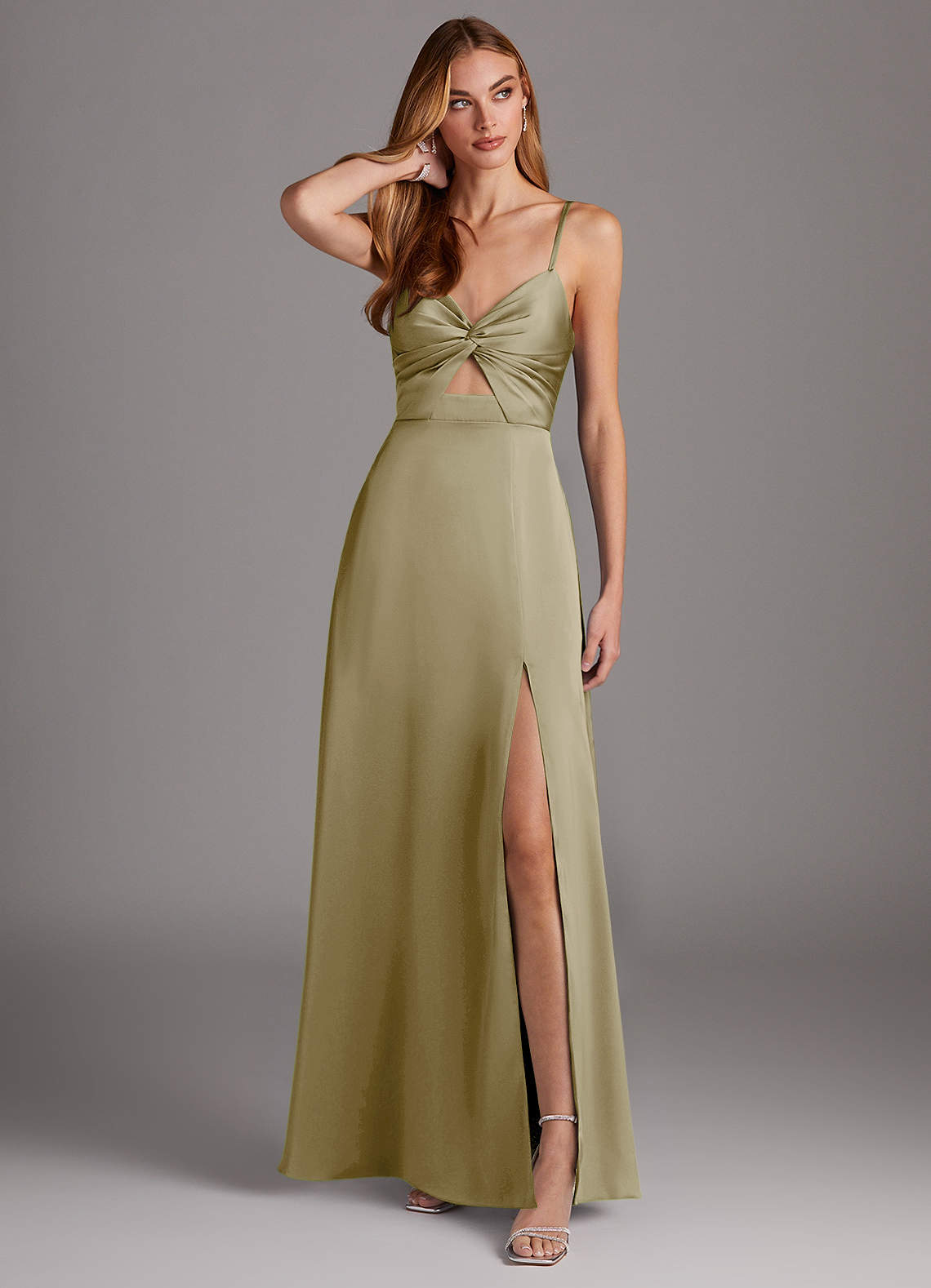 Azazie Jenna Bridesmaid Dresses Moss Green A-Line Pleated Stretch Satin Dress image1