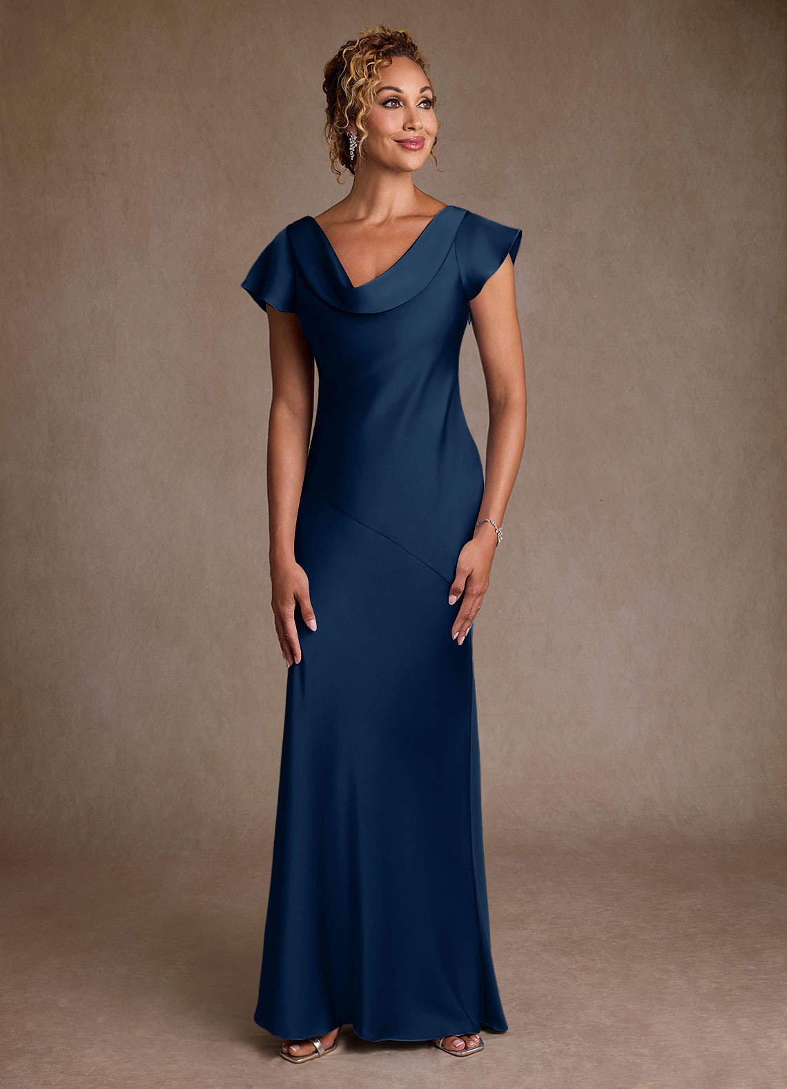 Azazie Shelby Mother of the Bride Dresses Dark Navy Mermaid Pleated Stretch Satin Dress image1