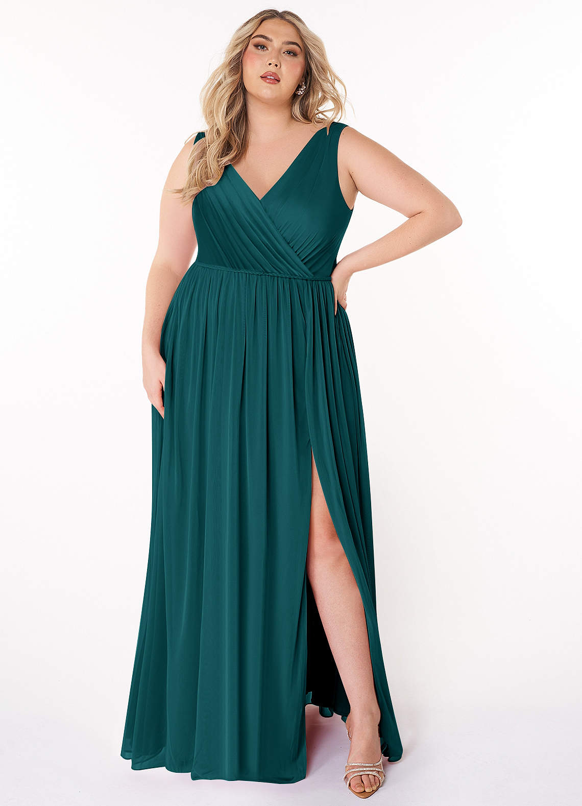 Azazie Tanicia Bridesmaid Dresses Peacock A-Line V-Neck Pleated Mesh Dress image1