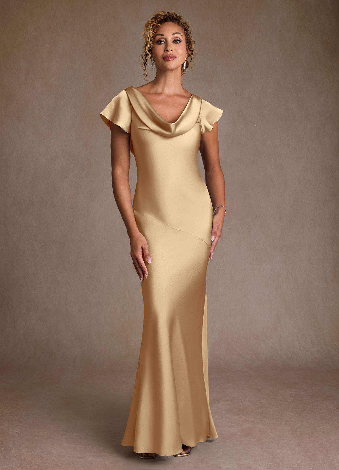 Azazie Shelby Mother of the Bride Dresses Champagne Mermaid Pleated Stretch Satin Dress image3