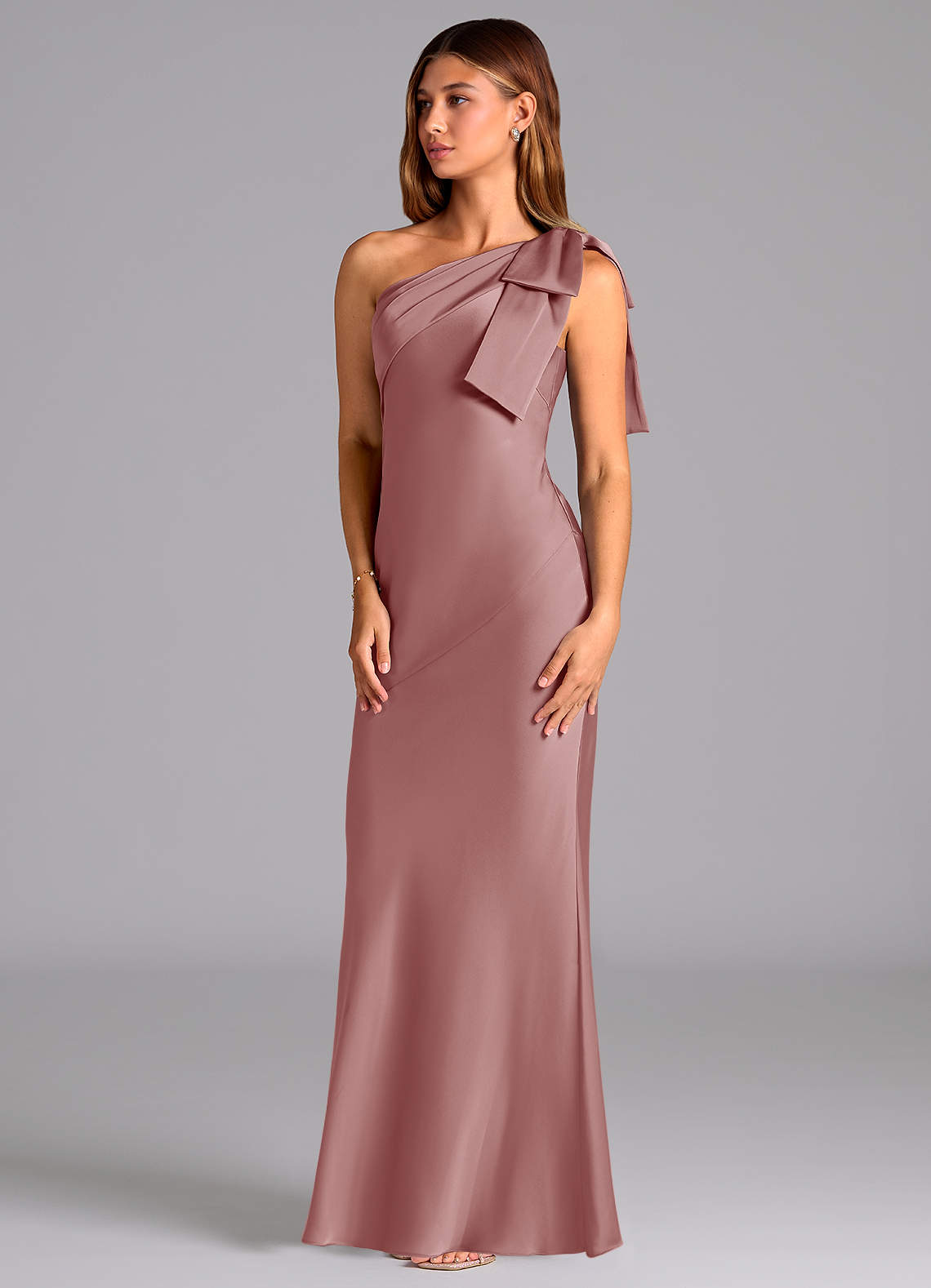 Azazie Yuanna Bridesmaid Dresses Dusty Rose Mermaid One Shoulder Stretch Satin Dress image3