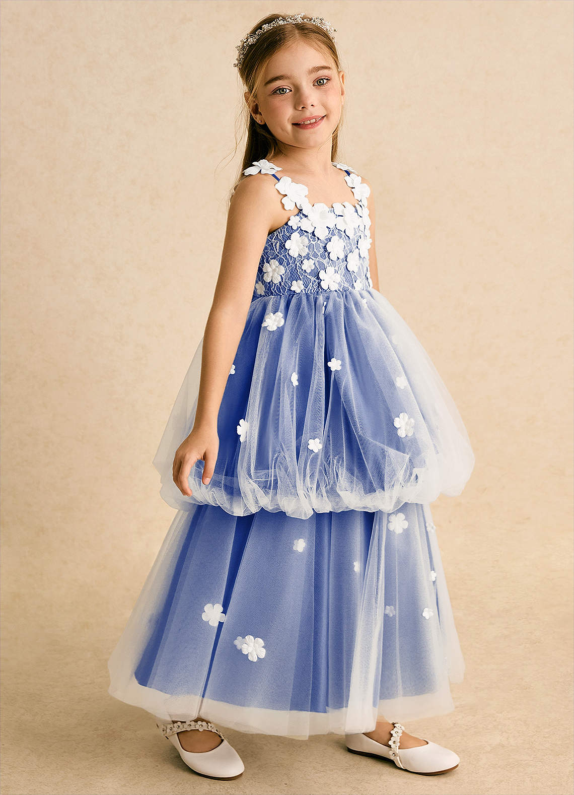 Azazie Teacup Flower Girl Dresses Ivory Royal Blue Ball-Gown Lace Tulle Dress image1