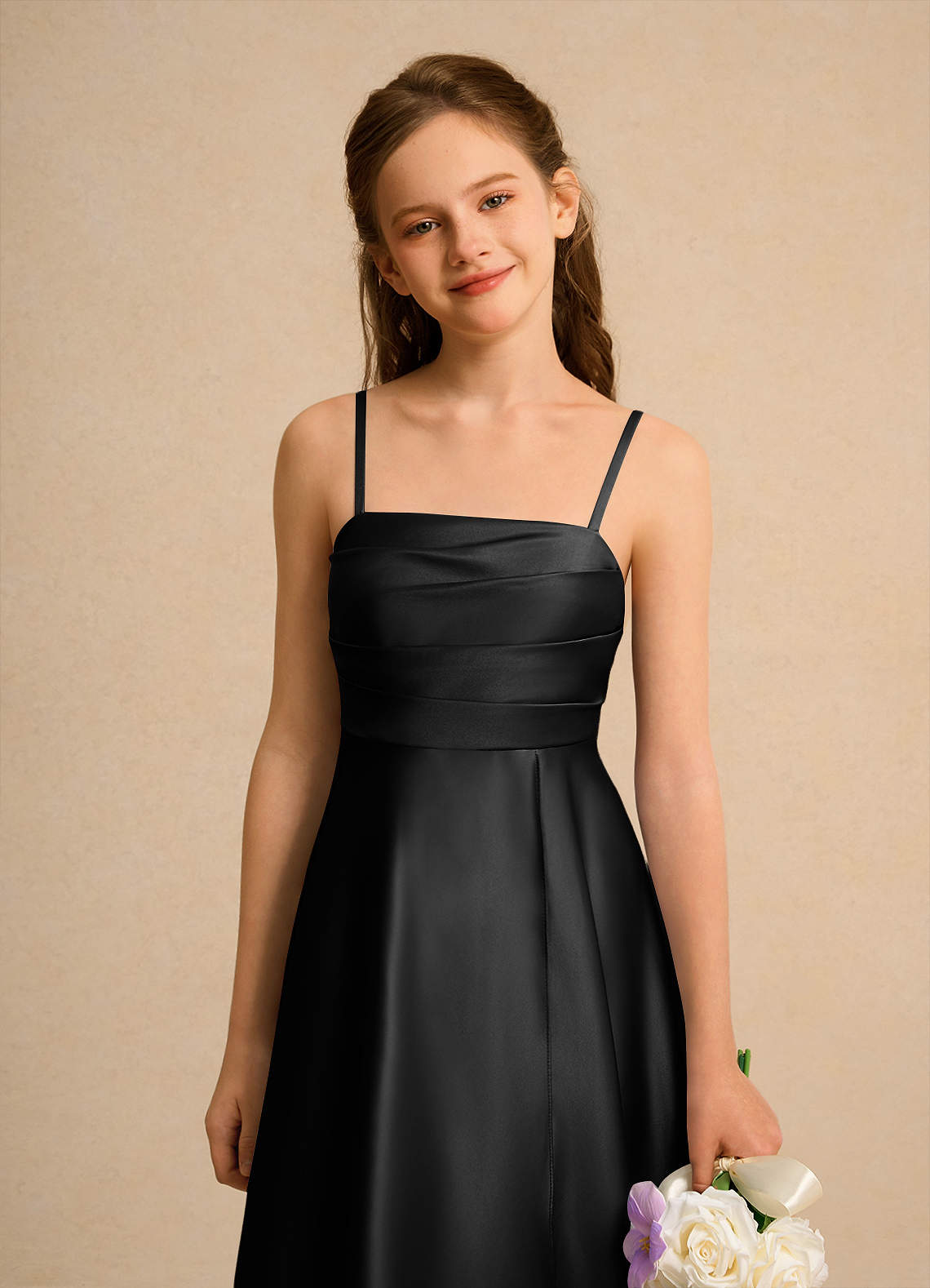 Azazie Pebbles Girls Formal Black A-Line Pleated Matte Satin Dress | Azazie Azazie Pebbles Girls Formal Black A-Line Pleated Matte Satin Dress | Azazie