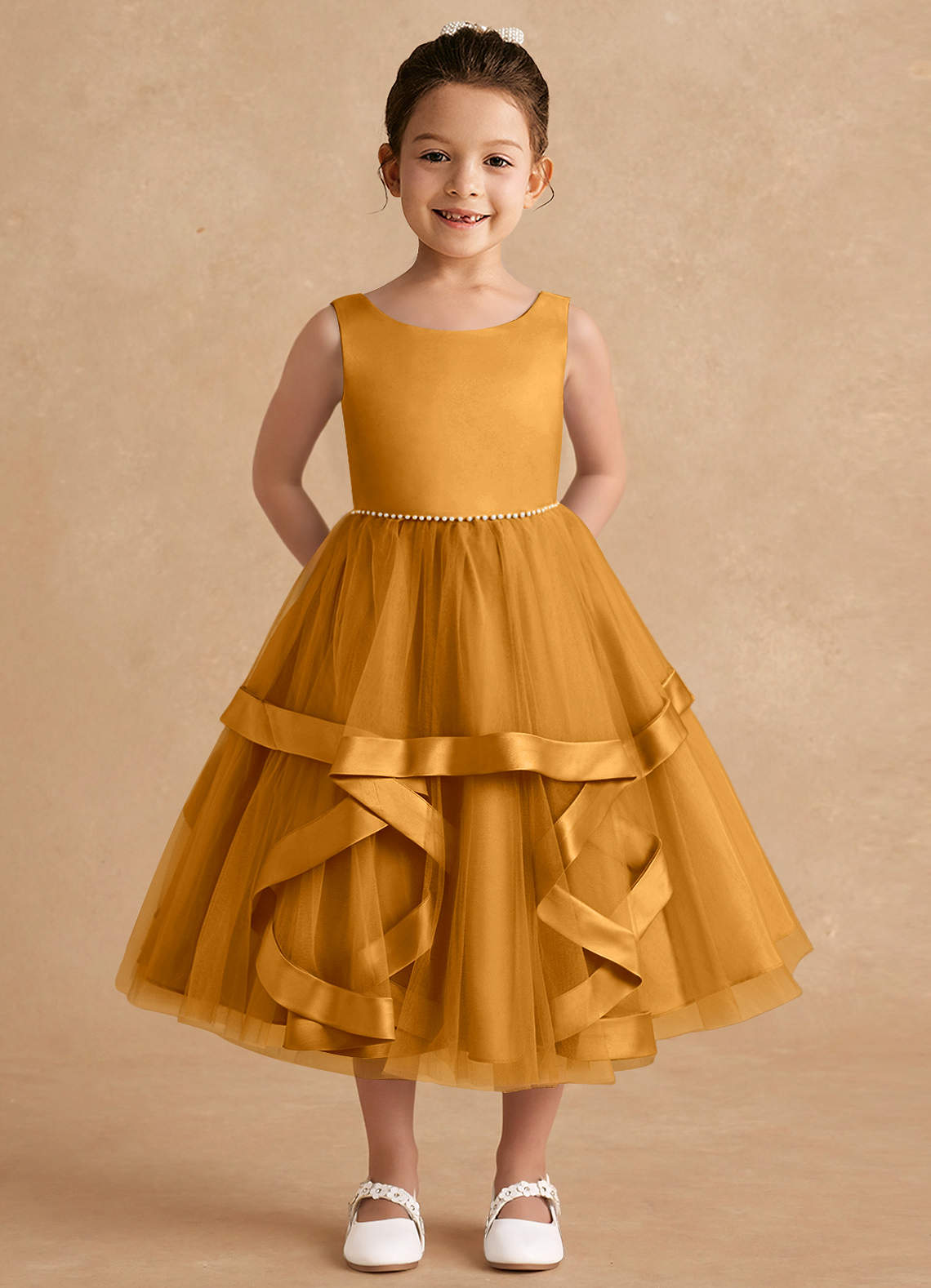 Azazie Posy Flower Girl Dresses Butterscotch A-Line Beaded Tulle Dress image1
