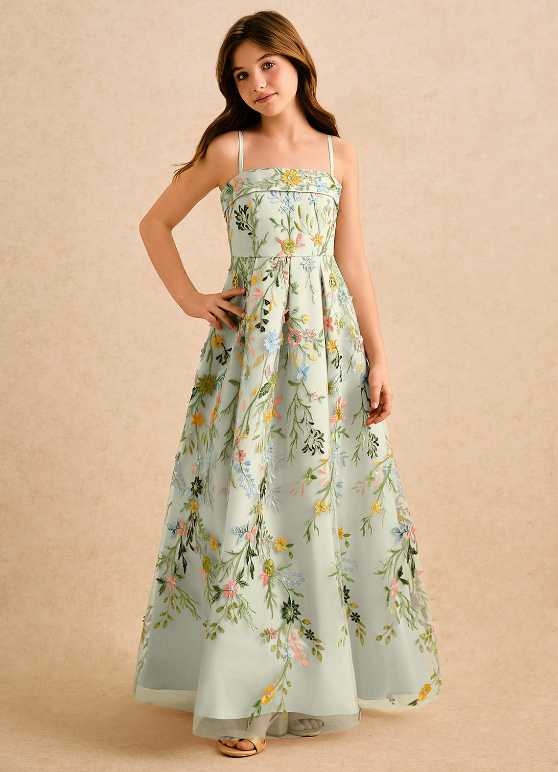 Azazie Lark Girls Formal Blomsterpigekjoler A-Line Plisseret Blonder Gulv-længde Kjole image4