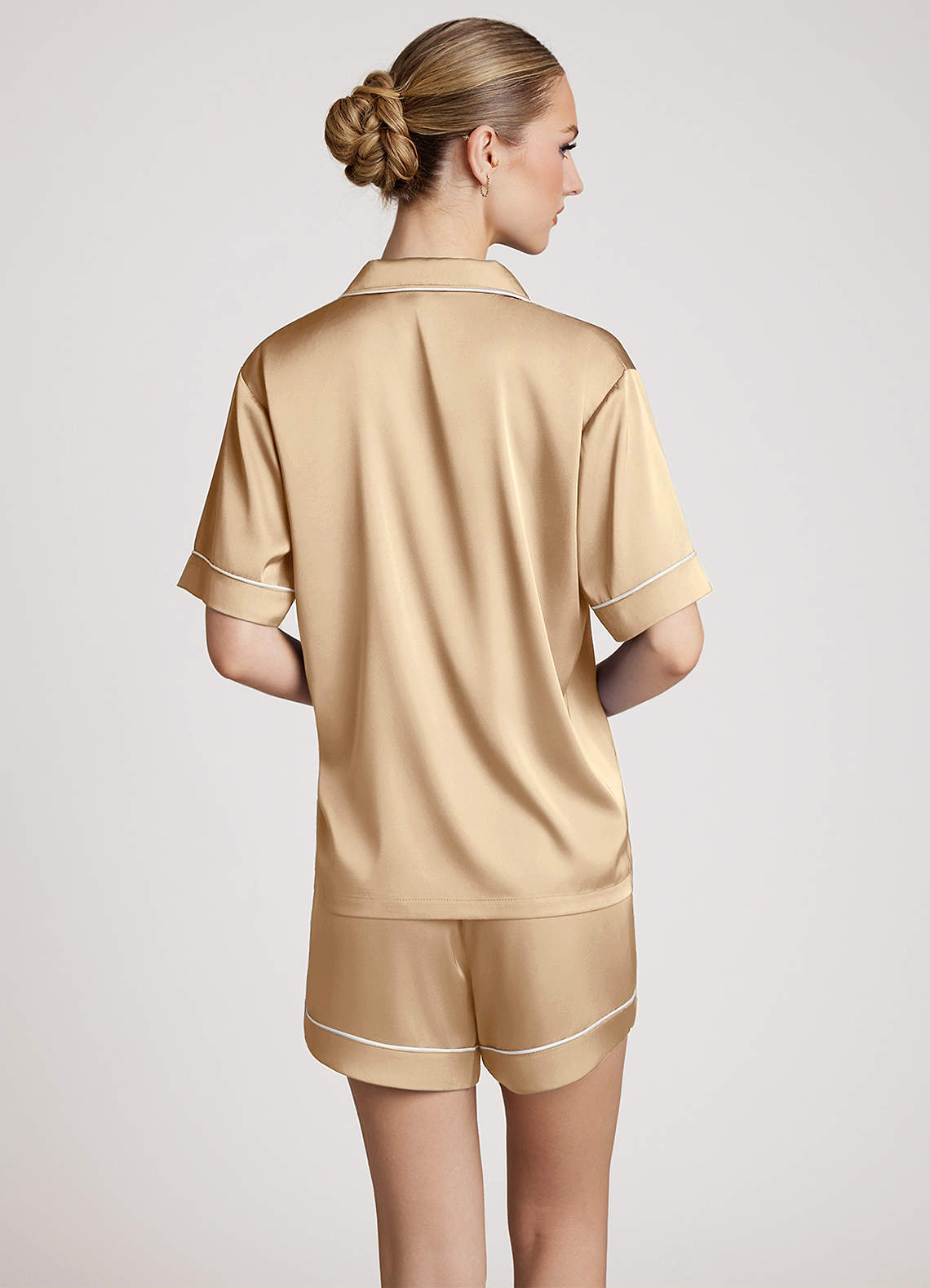 front Satin Contrast Piping Pajama Set