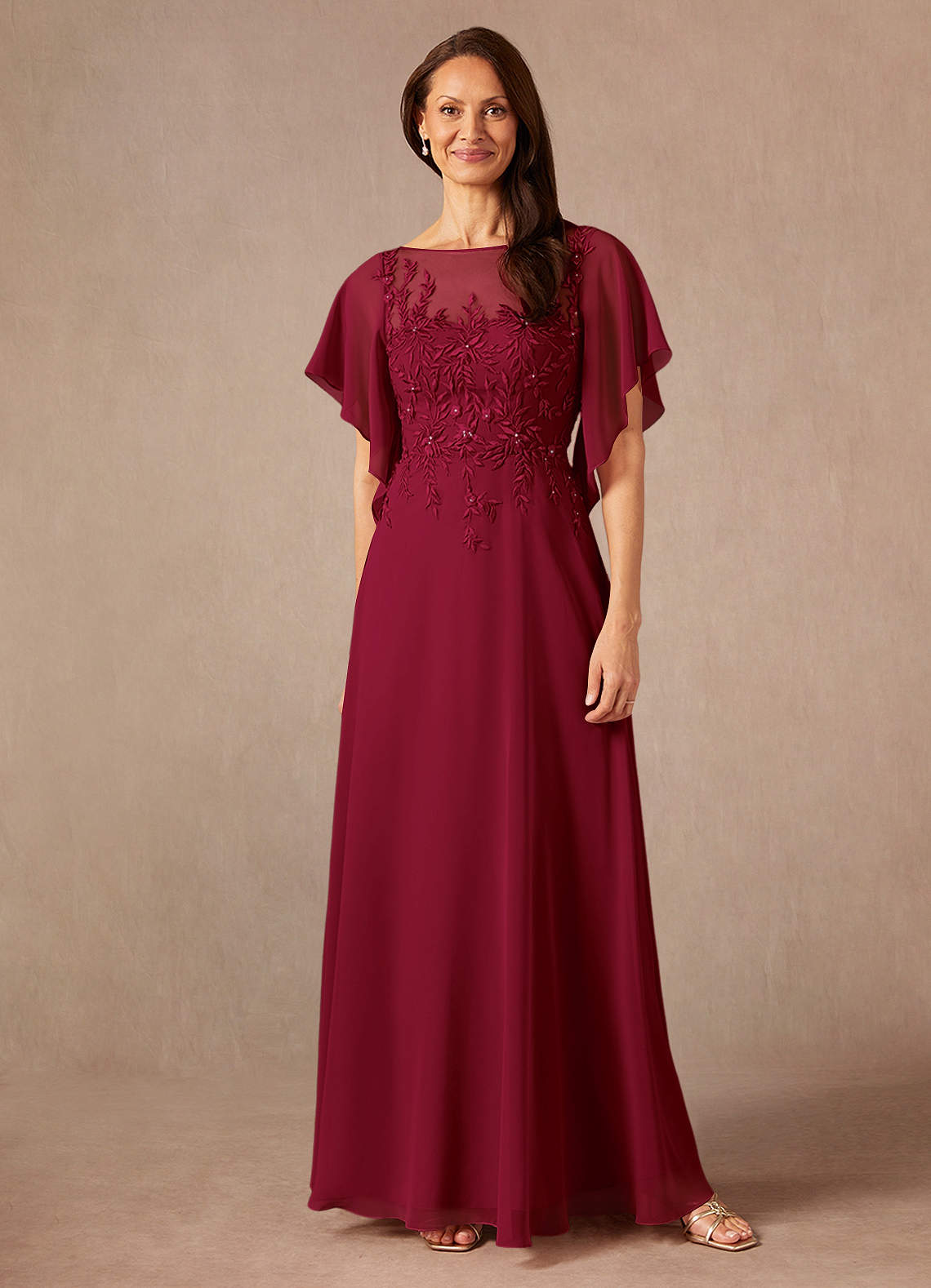 Azazie Faviola vestidos de madre de la novia Vestido de Borgoña de Gasa de Corte En A con Cuello barco lentejuelas image1