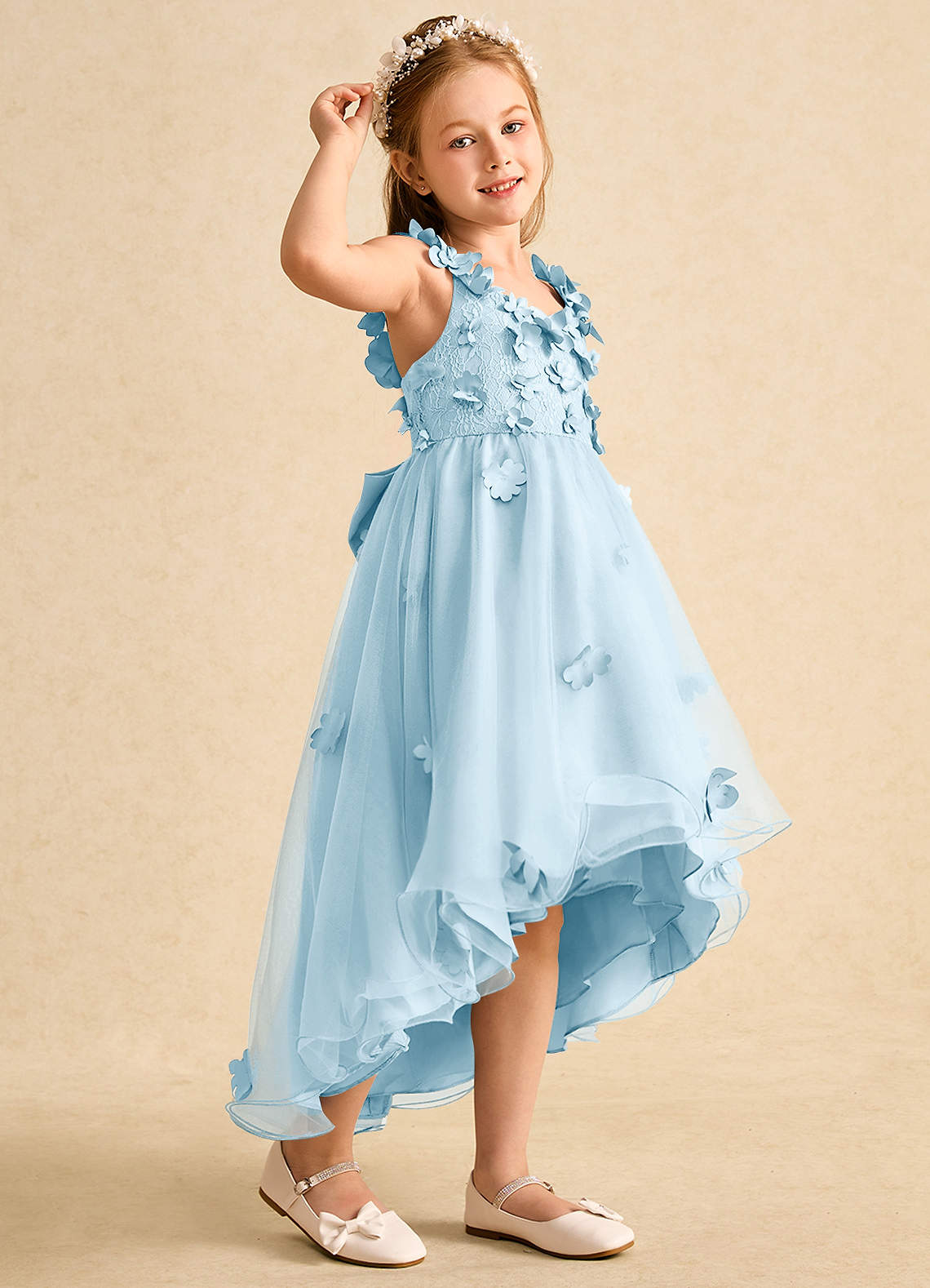 Azazie Tweety Blumenmädchenkleider A-Linie Spitze Tüll Kleid Himmelblau image1