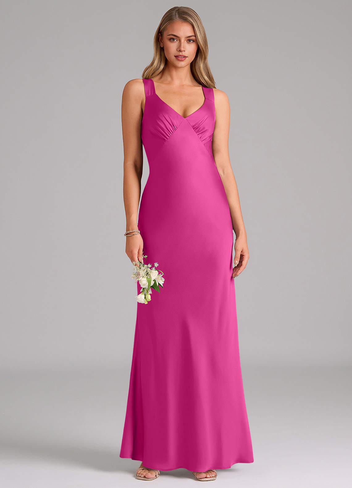 Azazie Kamila Bridesmaid Dresses Fuchsia A-Line Pleated Stretch Satin Dress image1