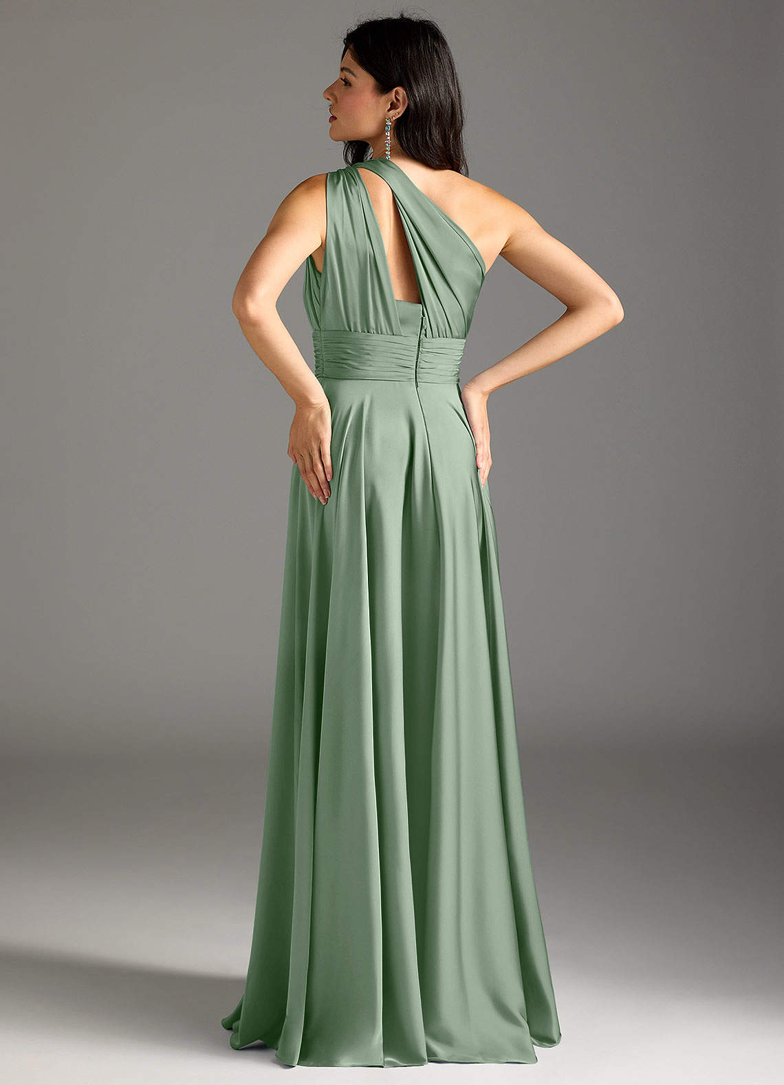 Azazie Charlize Vestidos de damas de honor Vestido de Matcha de Satén Elástico de Corte en A con Hombro unilateral image5