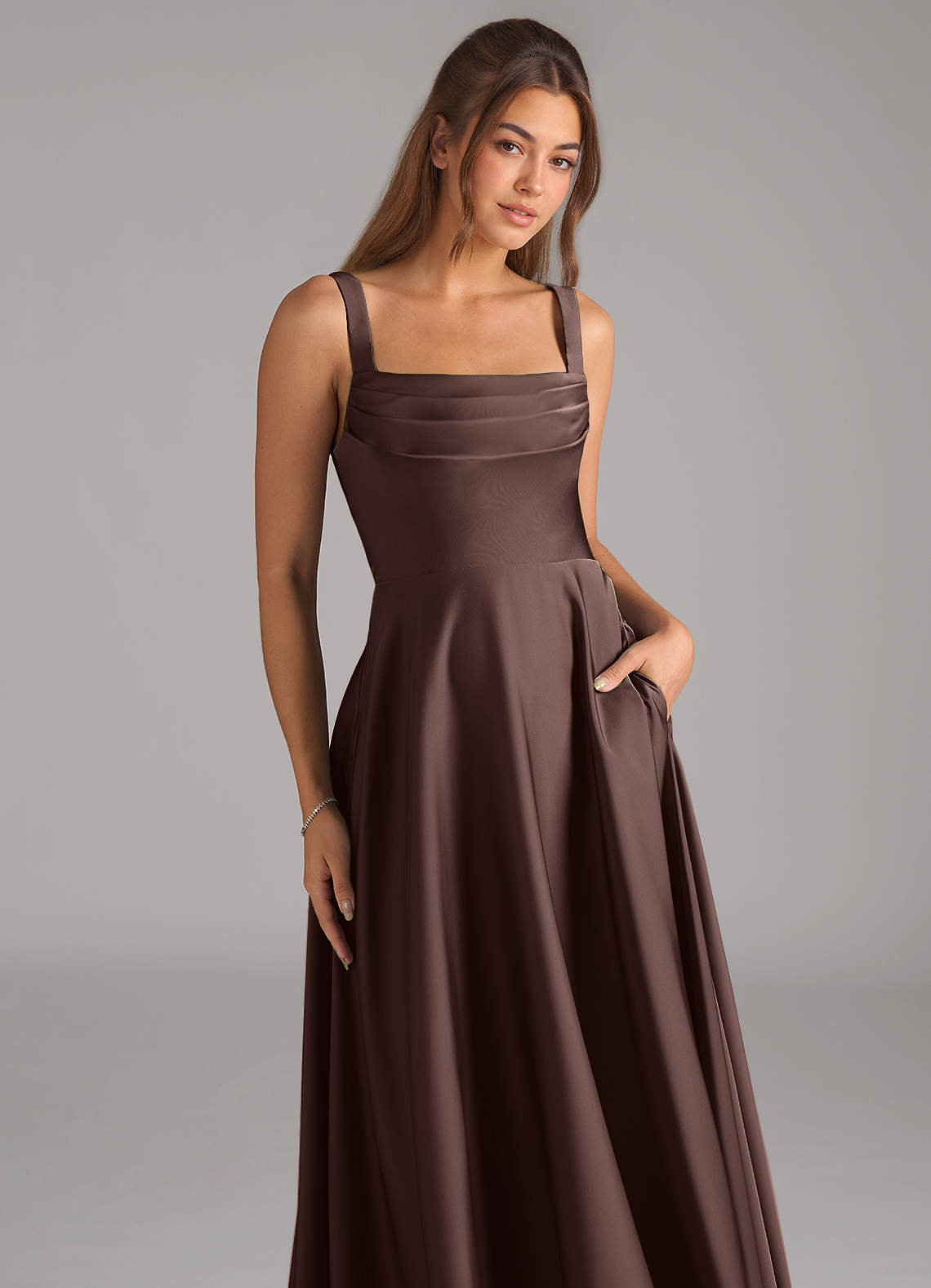 Azazie Shaude Bridesmaid Dresses Ganache A-Line Pleated Stretch Satin Dress image2