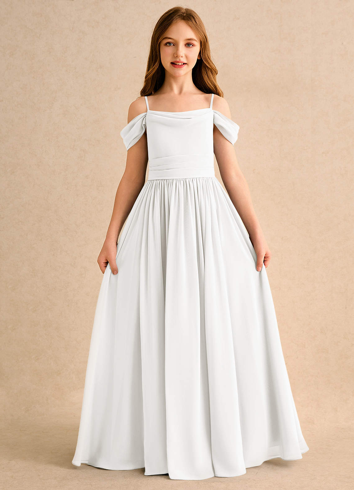 Azazie Shia Girls Formal Flower Girl Dresses Ivory A-Line Off the Shoulder Chiffon Dress image4