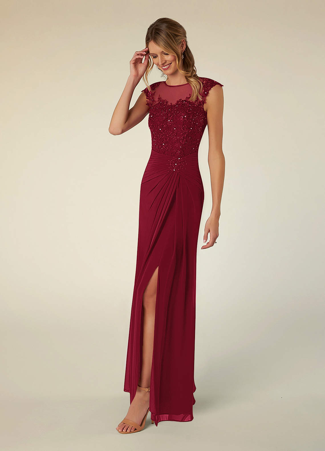 Azazie Libby At-home Try On Dresses Burgundy A-Line Scoop Sequins Chiffon Dress image2