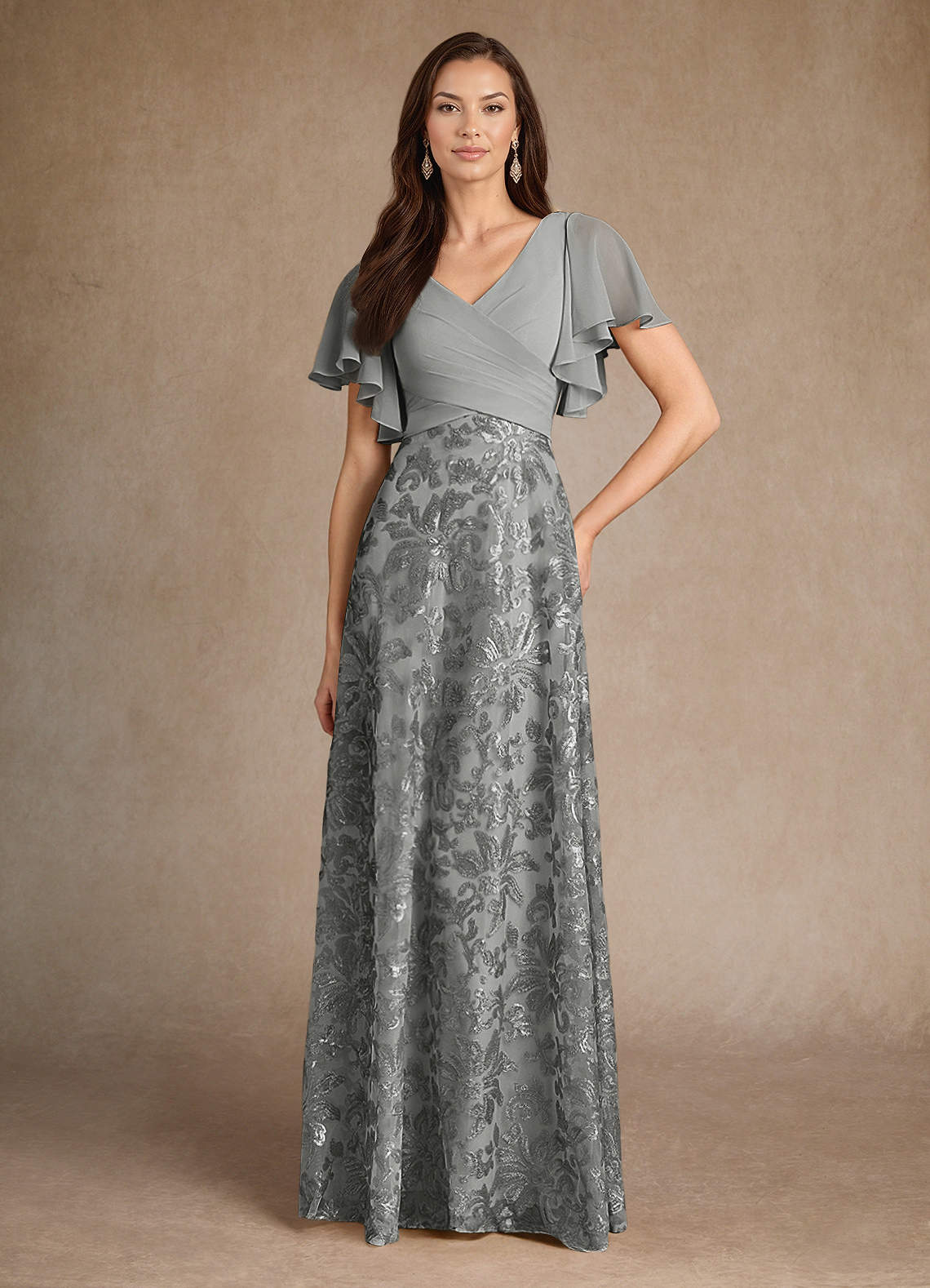 grey lace formal dress Azazie Fallon Steel A-Line Pleated Ready to Ship grey dresses for wedding