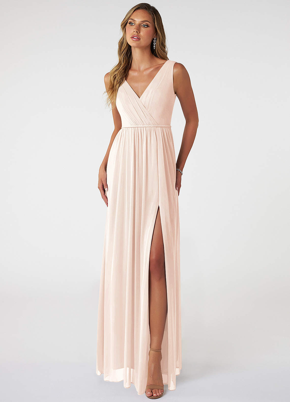 Azazie Tanicia Bridesmaid Dresses Blushing Pink A-Line V-Neck Pleated Mesh Dress image1