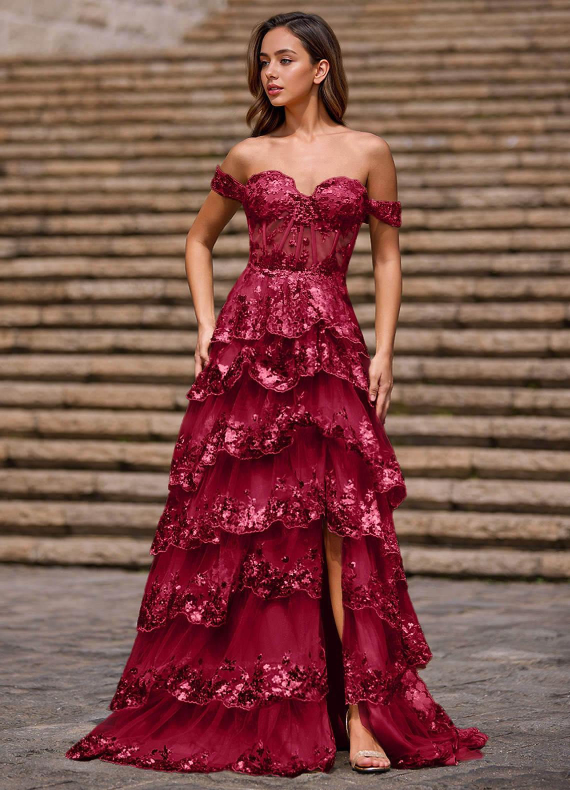 Glitz Rojo Vestido de fiesta de corte A con volantes image1