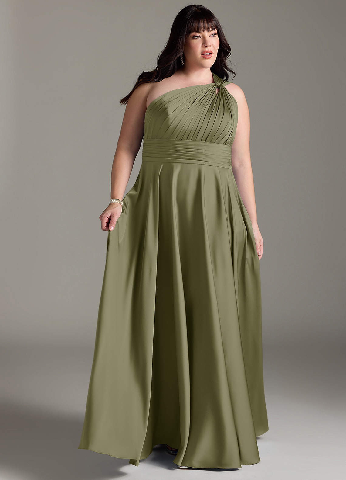 Azazie Charlize Bridesmaid Dresses Pistachio A-Line One Shoulder Stretch Satin Dress image10