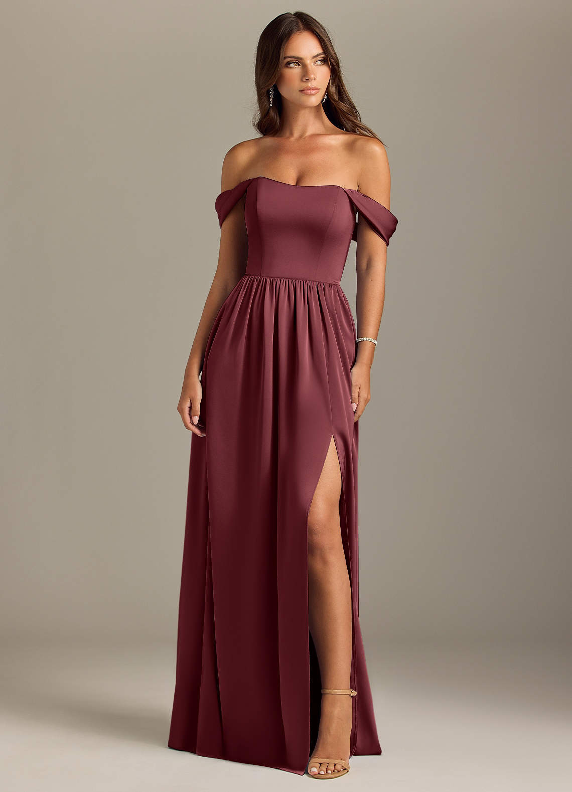 Azazie Calianna Bridesmaid Dresses Merlot A-Line Off the Shoulder Stretch Satin Convertible Dress image1
