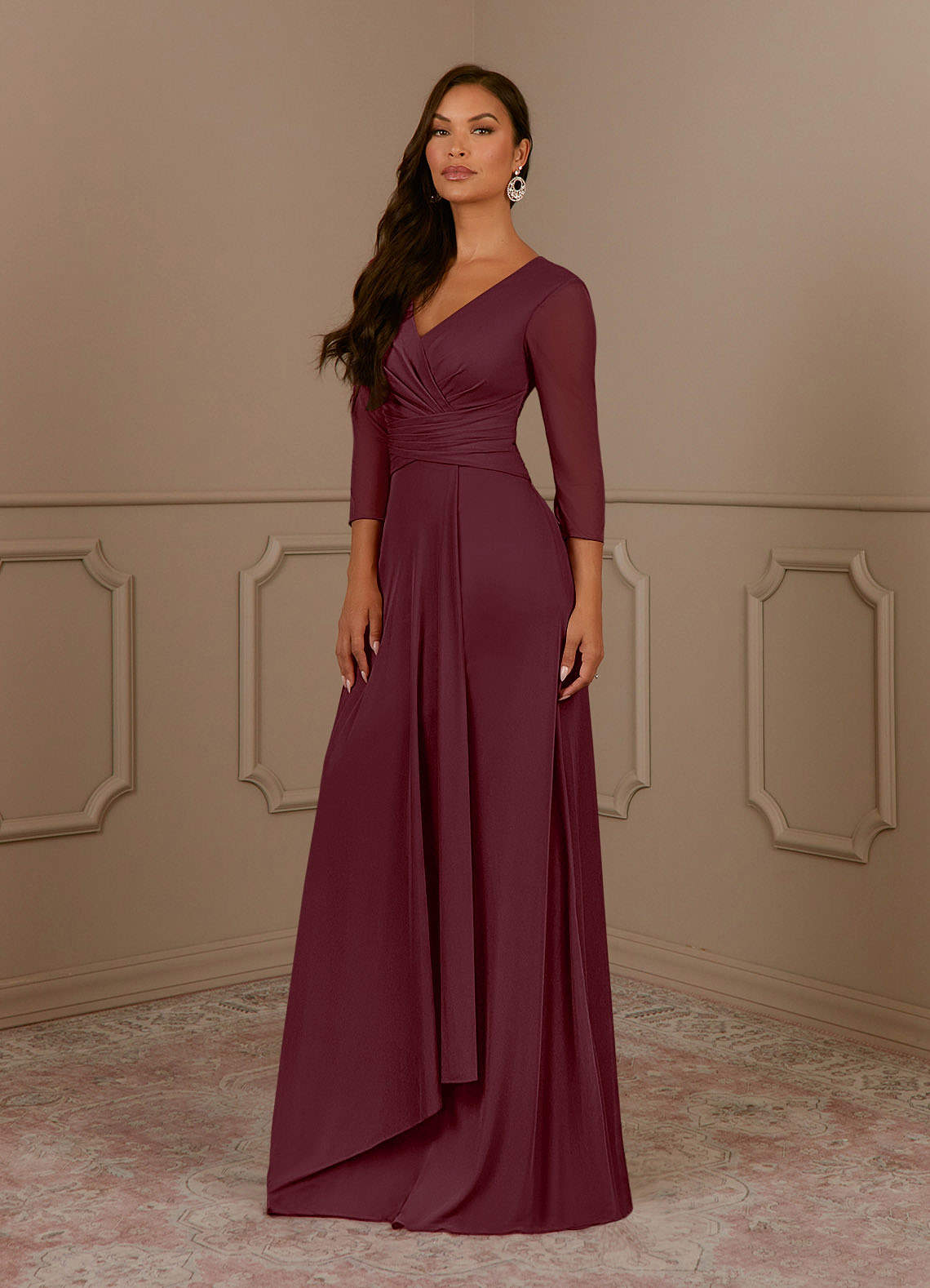 Azazie Annetta Abiti per la Madre della Sposa Abito A-Line in Maglia Plissettao con Scollo a V Cabernet image1
