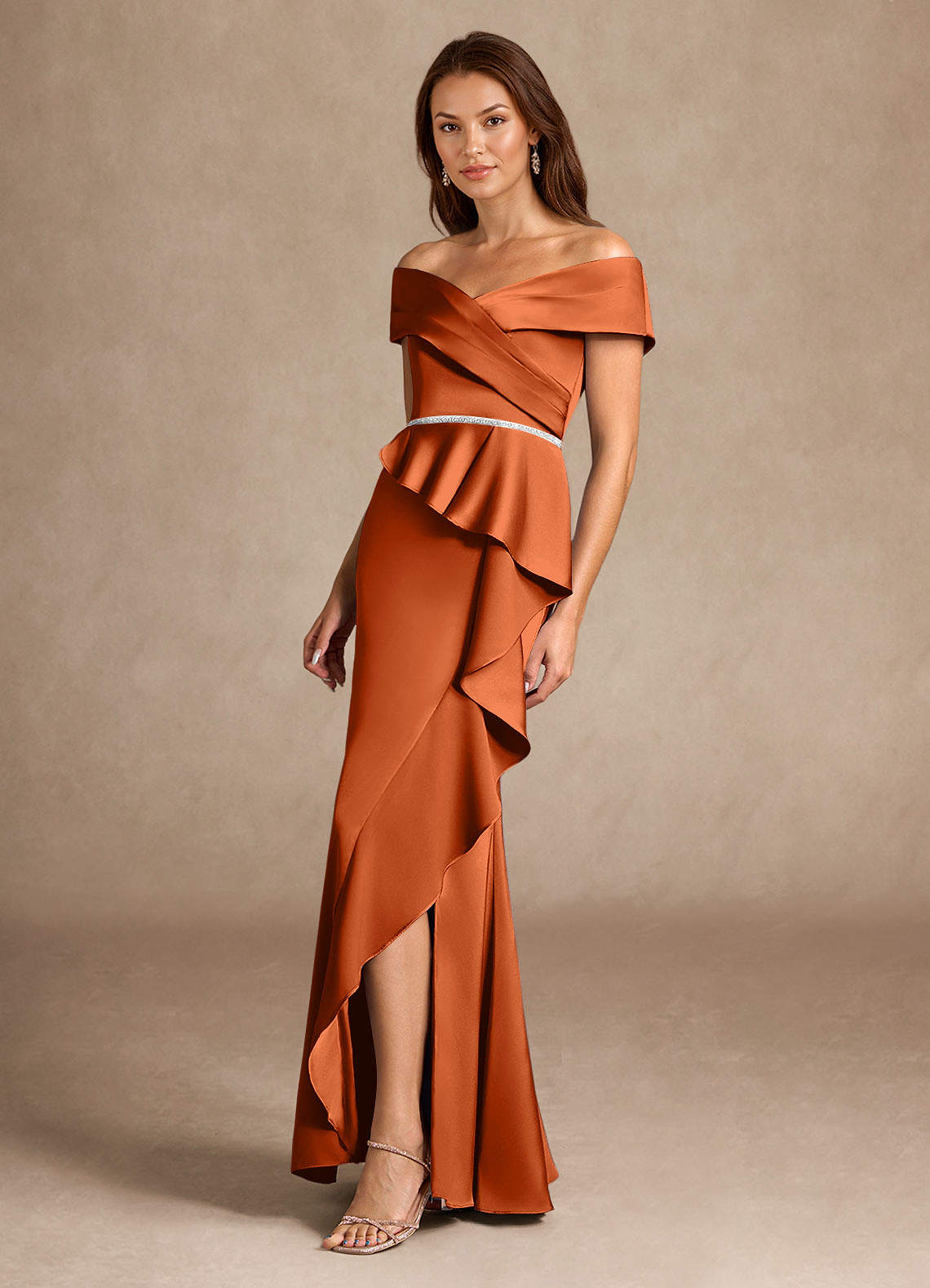 Azazie Dareia vestidos de madre de la novia Vestido de Naranja Quemada de Satén Elástico de Sirena con Vestidos sin tirantes image6