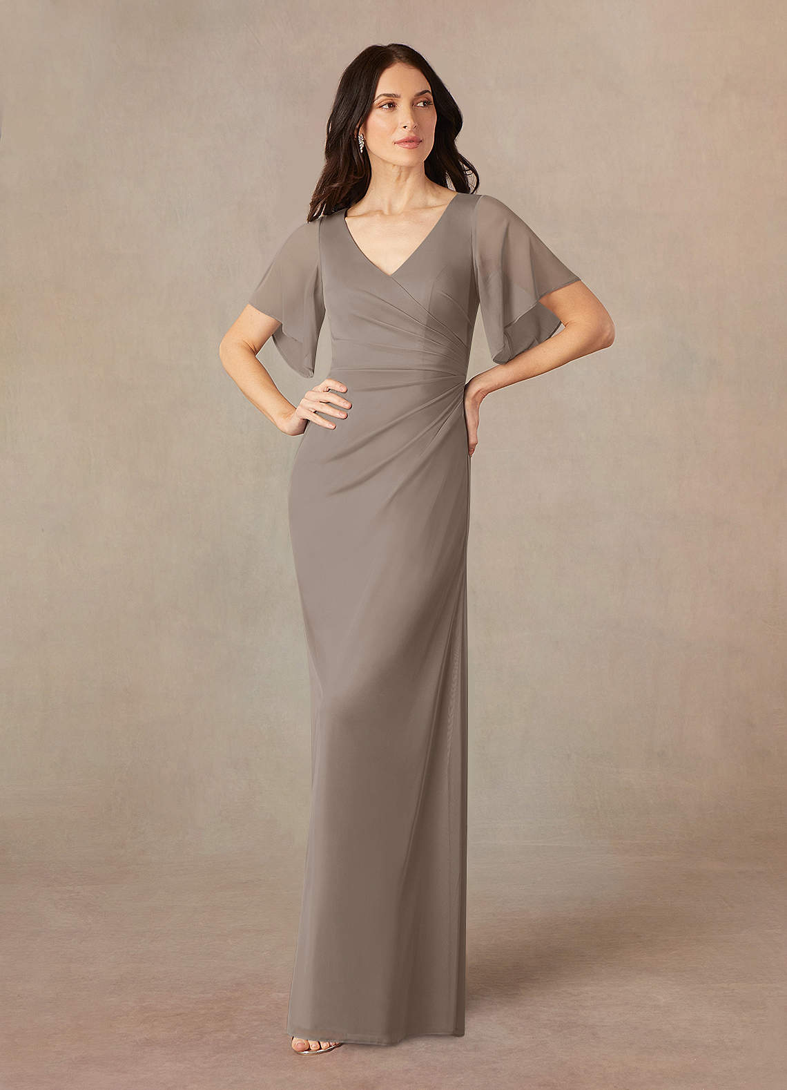 Azazie Selah Kleider für die Brautmutter A-Linie V-Hals Gerüscht Gittergewebe Kleid Taupe image1