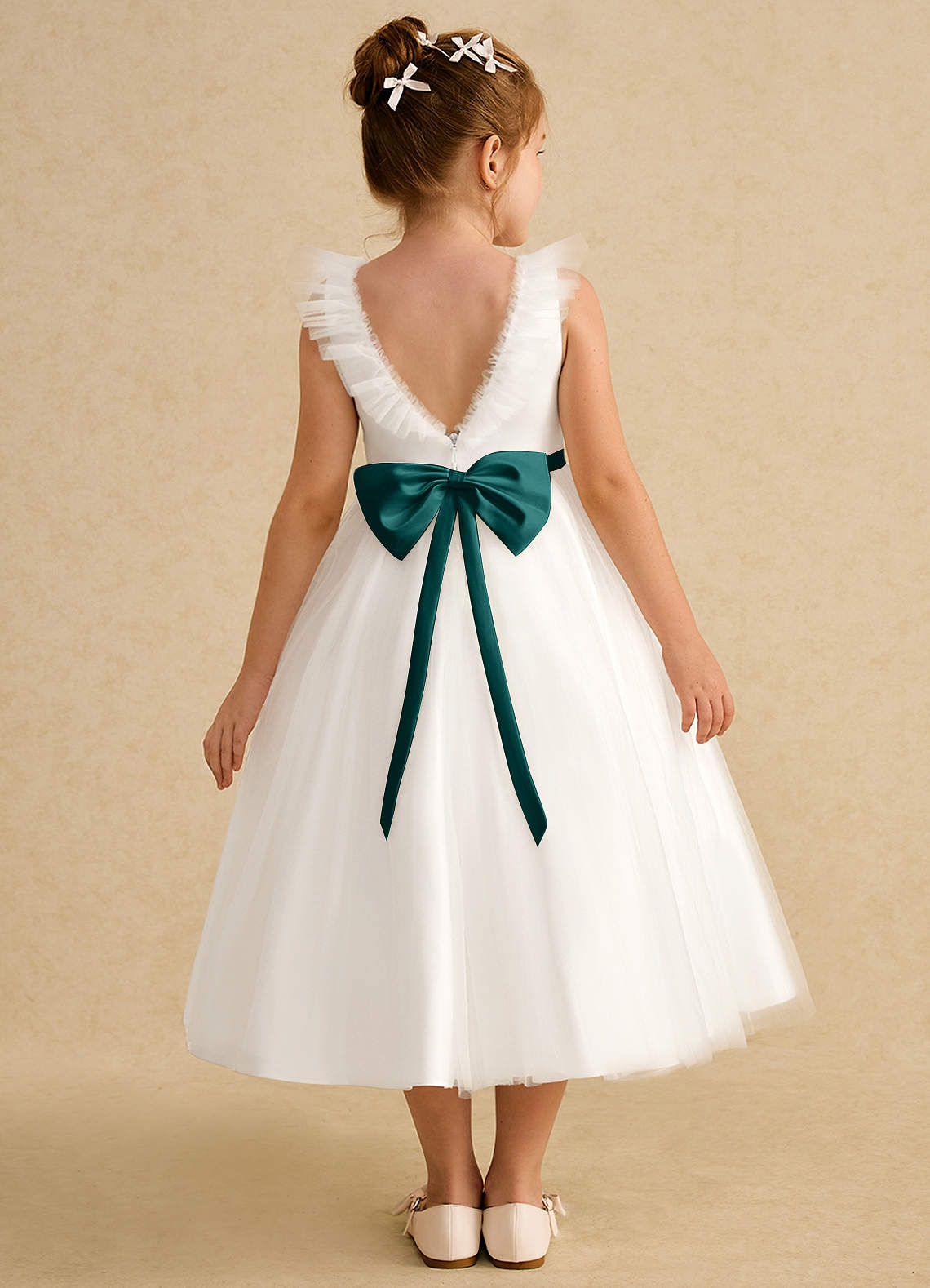 Azazie Amber Flower Girl Dresses Ivory Peacock A-Line Bow Tulle Dress image1