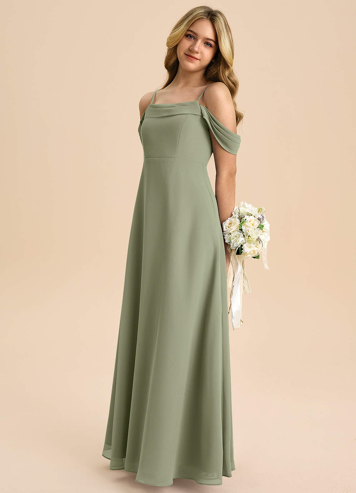 Azazie Anselie Junior Pistachio A-Line Off the Shoulder Chiffon Dress image4