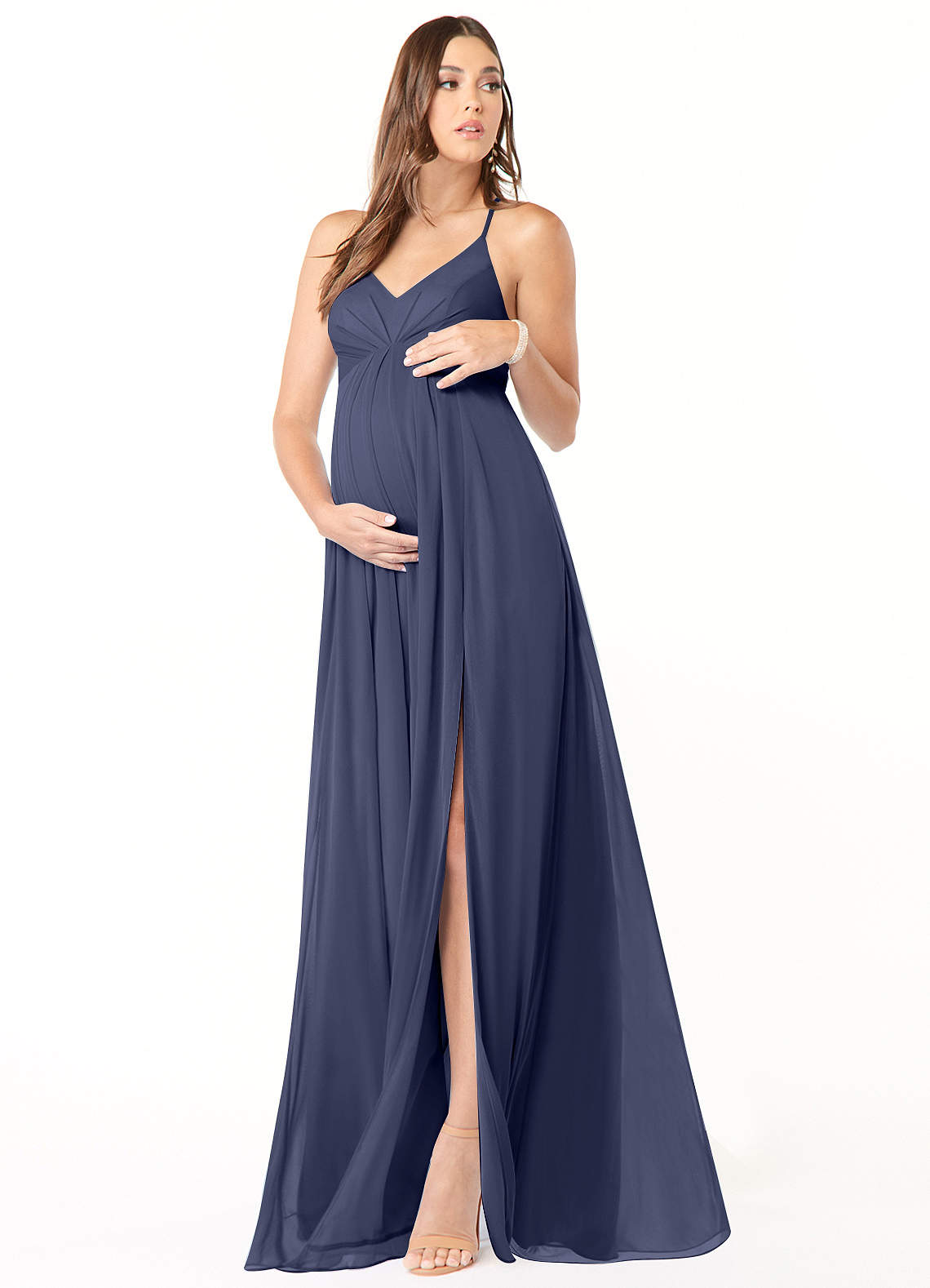 Azazie Annabelle Maternity Bridesmaid Dresses A-Line V-Neck Pleated Mesh Floor-Length Dress image1