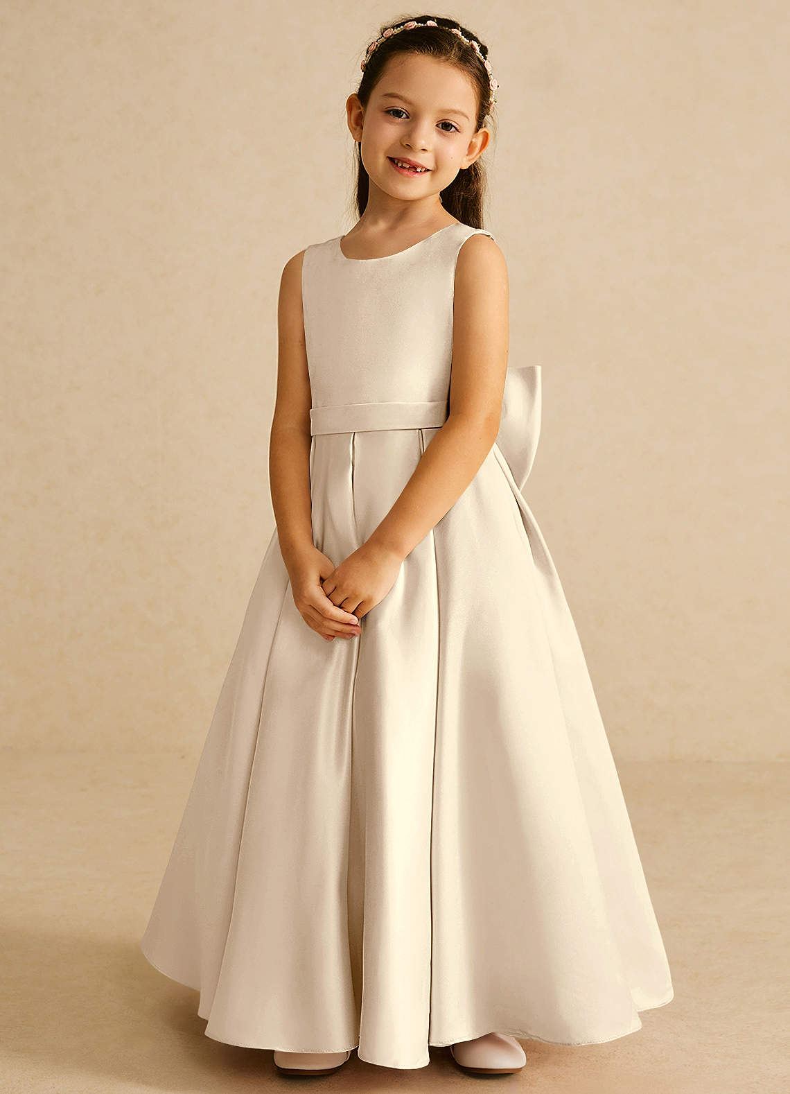 Azazie Pipsy Flower Girl Dresses Champagne A-Line Bow Matte Satin Dress image3