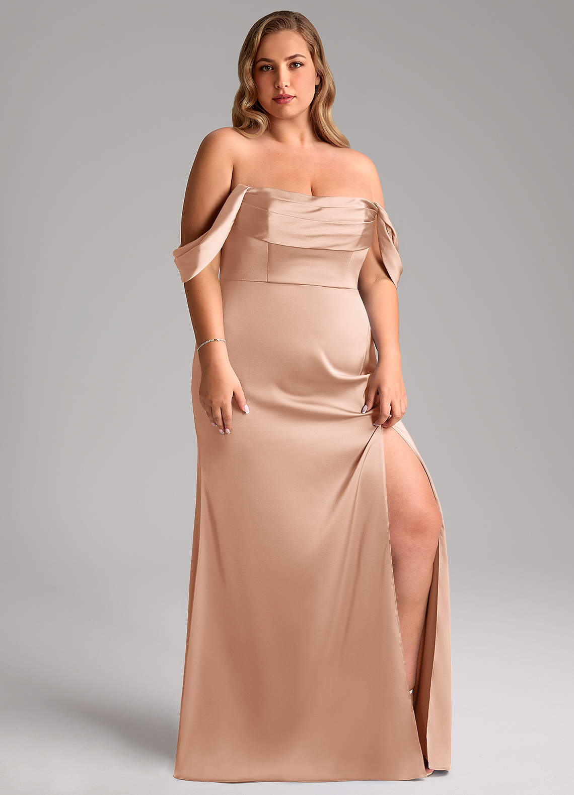 Azazie Saige Bridesmaid Dresses Rose Gold Sheath Off the Shoulder Stretch Satin Dress image12