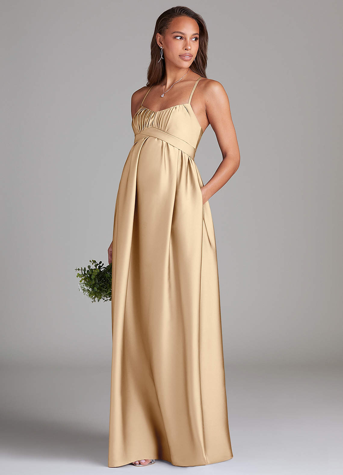 maternity bridesmaid dress champagne Azazie A-Line Sweetheart Floor-Length Stretch Satin Maternity Bridesmaid Dresses
