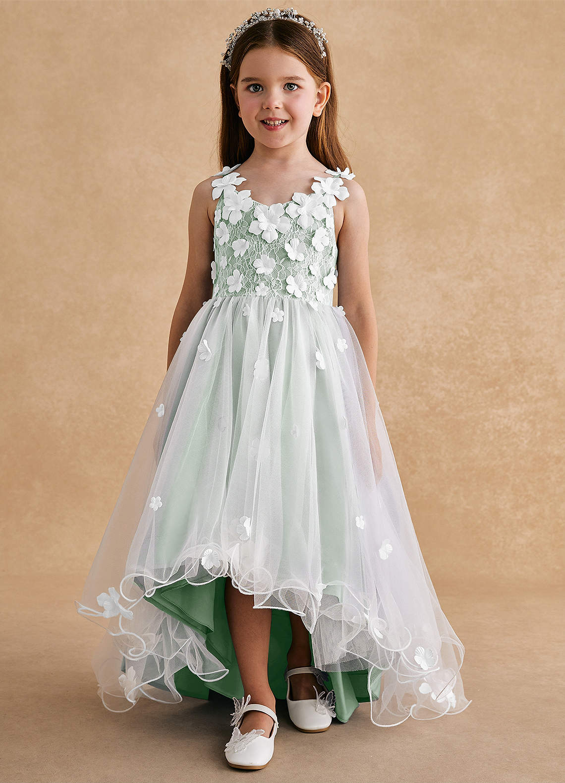 Azazie Celia Flower Girl Dresses Agave A-Line Lace Tulle Dress image6