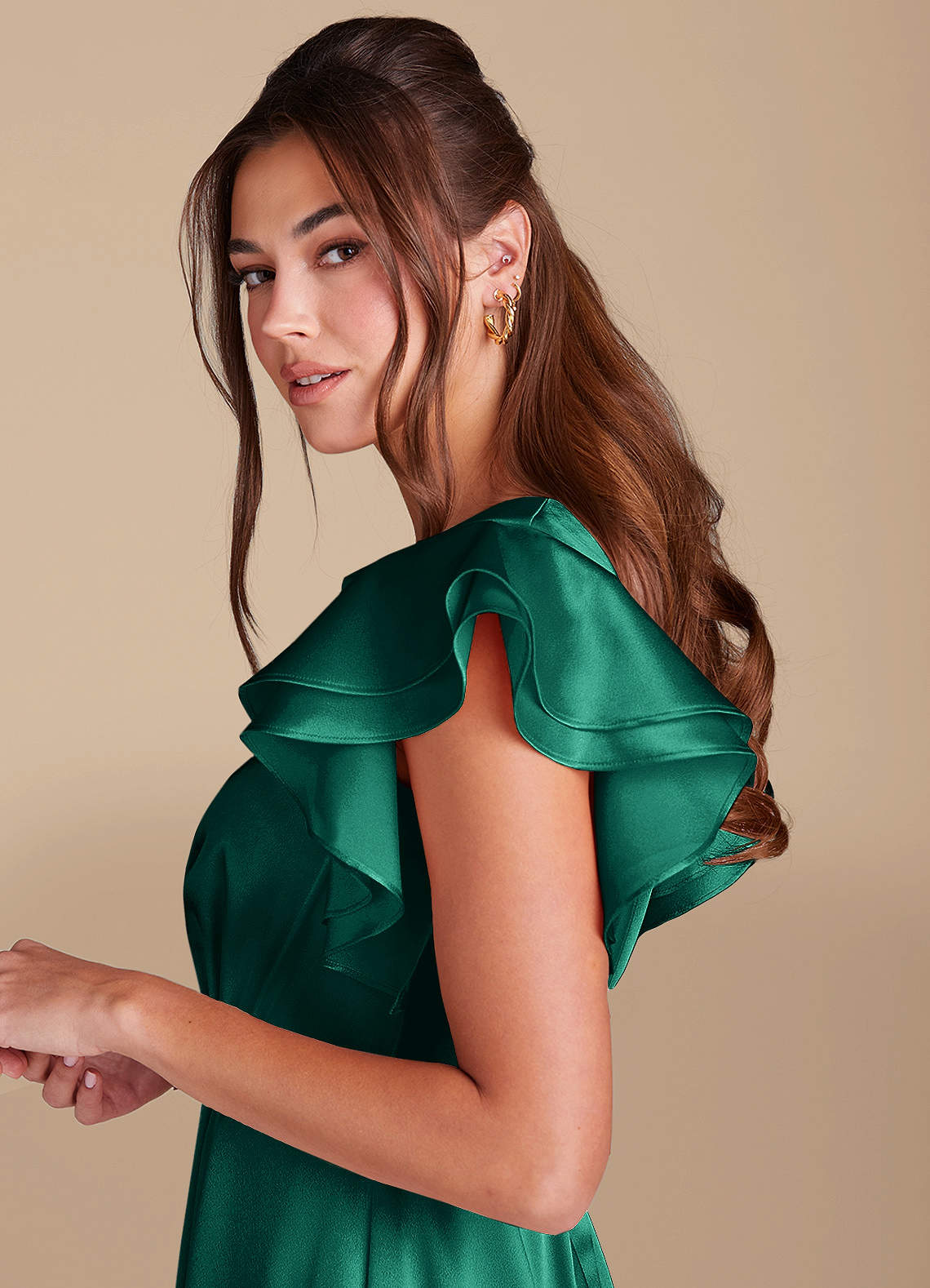 Azazie Daphne Modest Bridesmaid Dresses A-Line Ruched Metallic Satin Floor-Length Dress image4