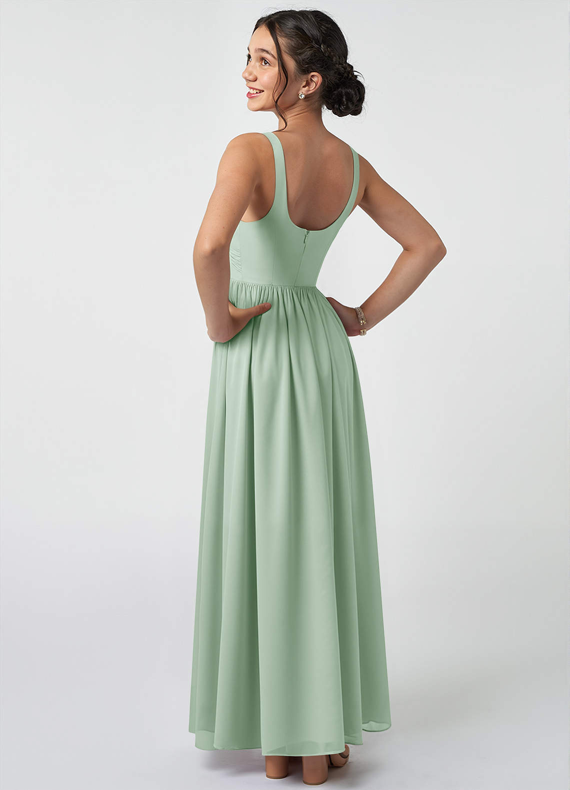 Azazie Keyla Junior Agave A-Line Pleated Chiffon Dress image3