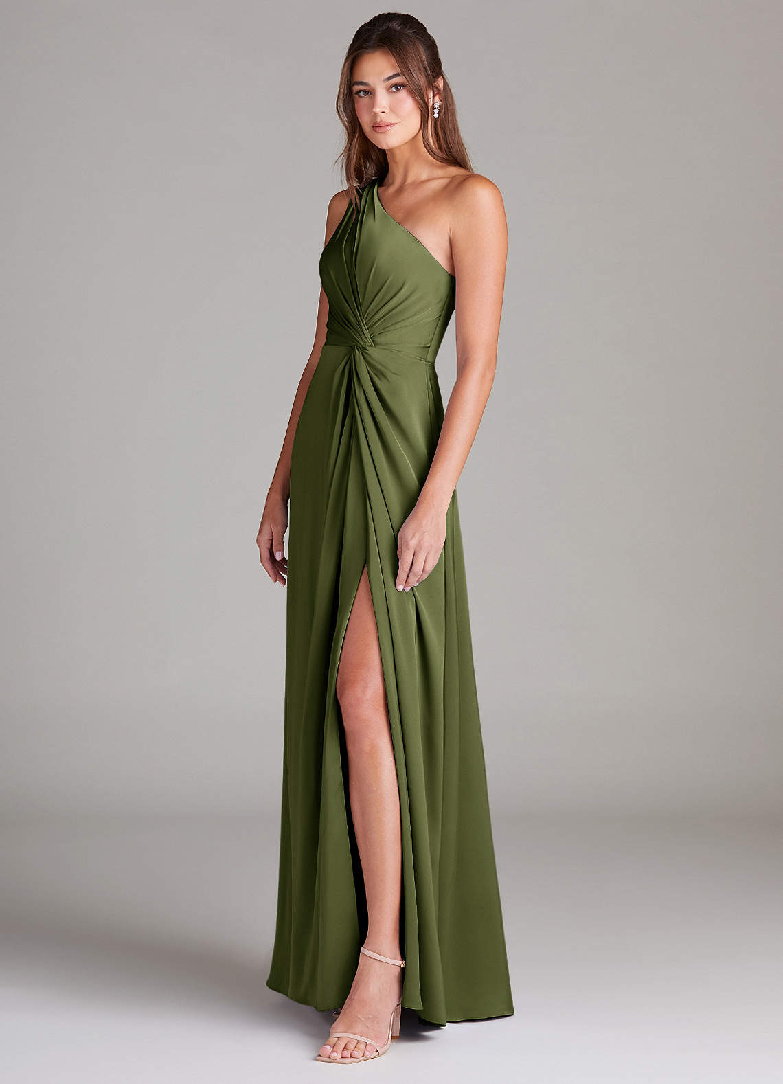 Azazie Brooke Bridesmaid Dresses Olive A-Line One Shoulder Stretch Satin Dress image4