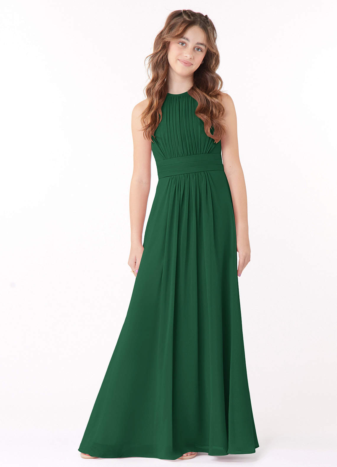 Azazie Bonnie Junior Abito A-Line in Chiffon Plissettato Verde Scuro image1