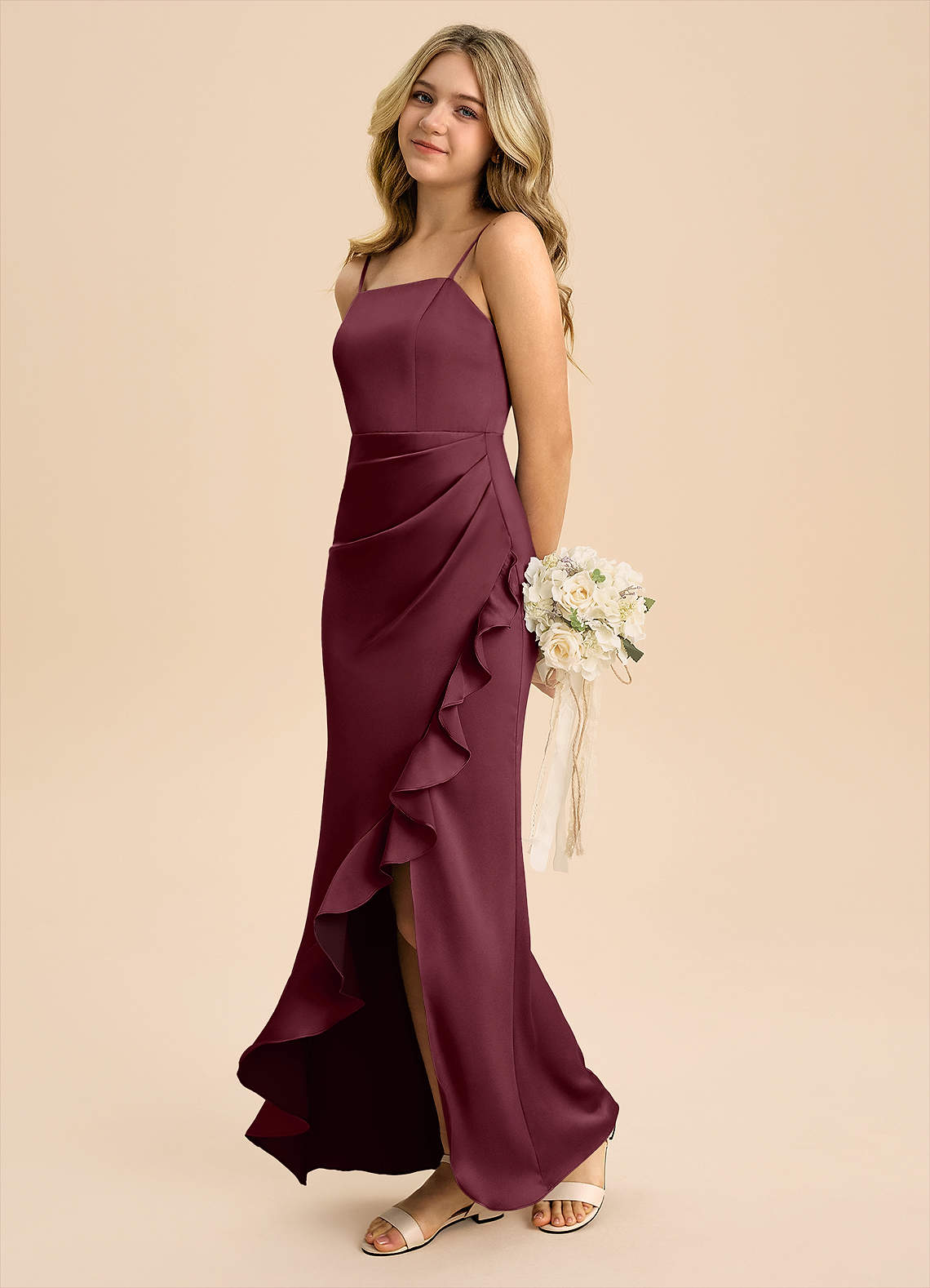 Azazie Buzzy Junior Cabernet Sheath Pleated Stretch Satin Dress image5