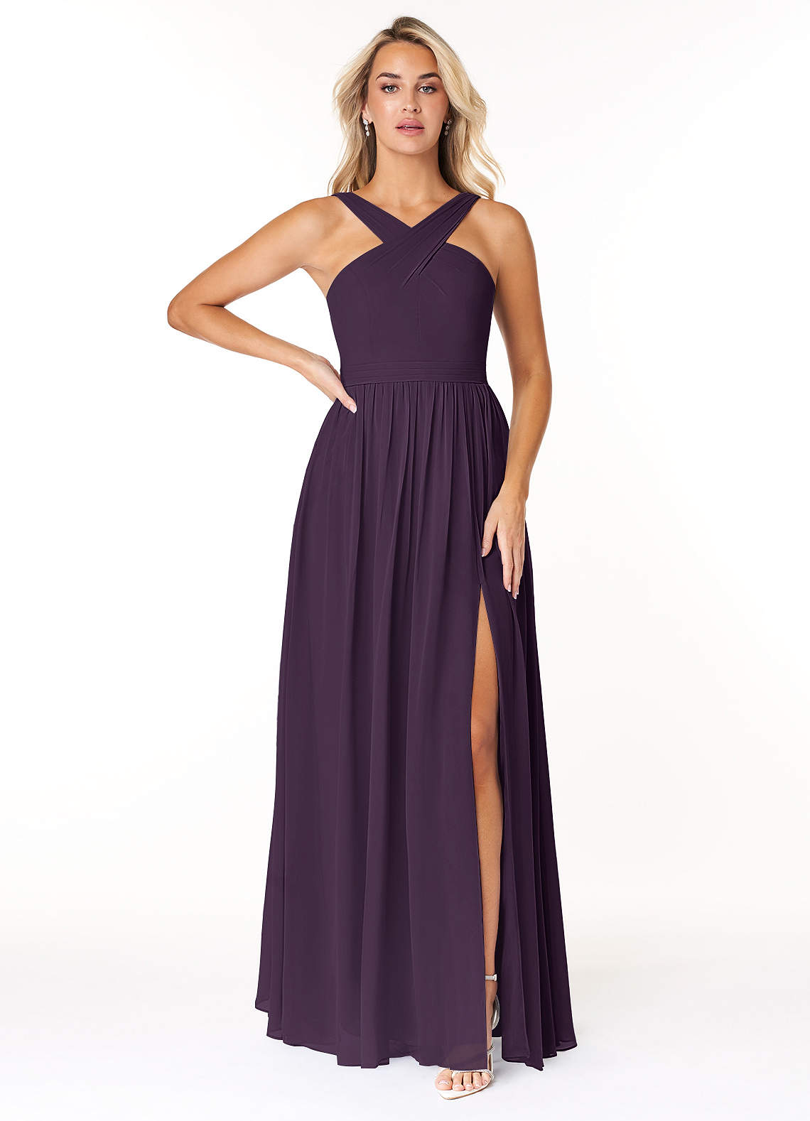 Azazie Elvira Bridesmaid Dresses Plum A-Line Pleated Chiffon Dress image1
