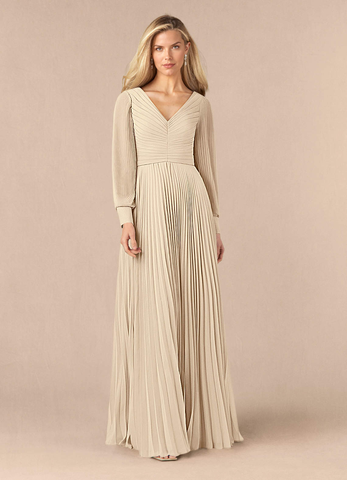 Azazie Zina Champagne A-Line Pleated Chiffon Dress Ready to Ship | Azazie