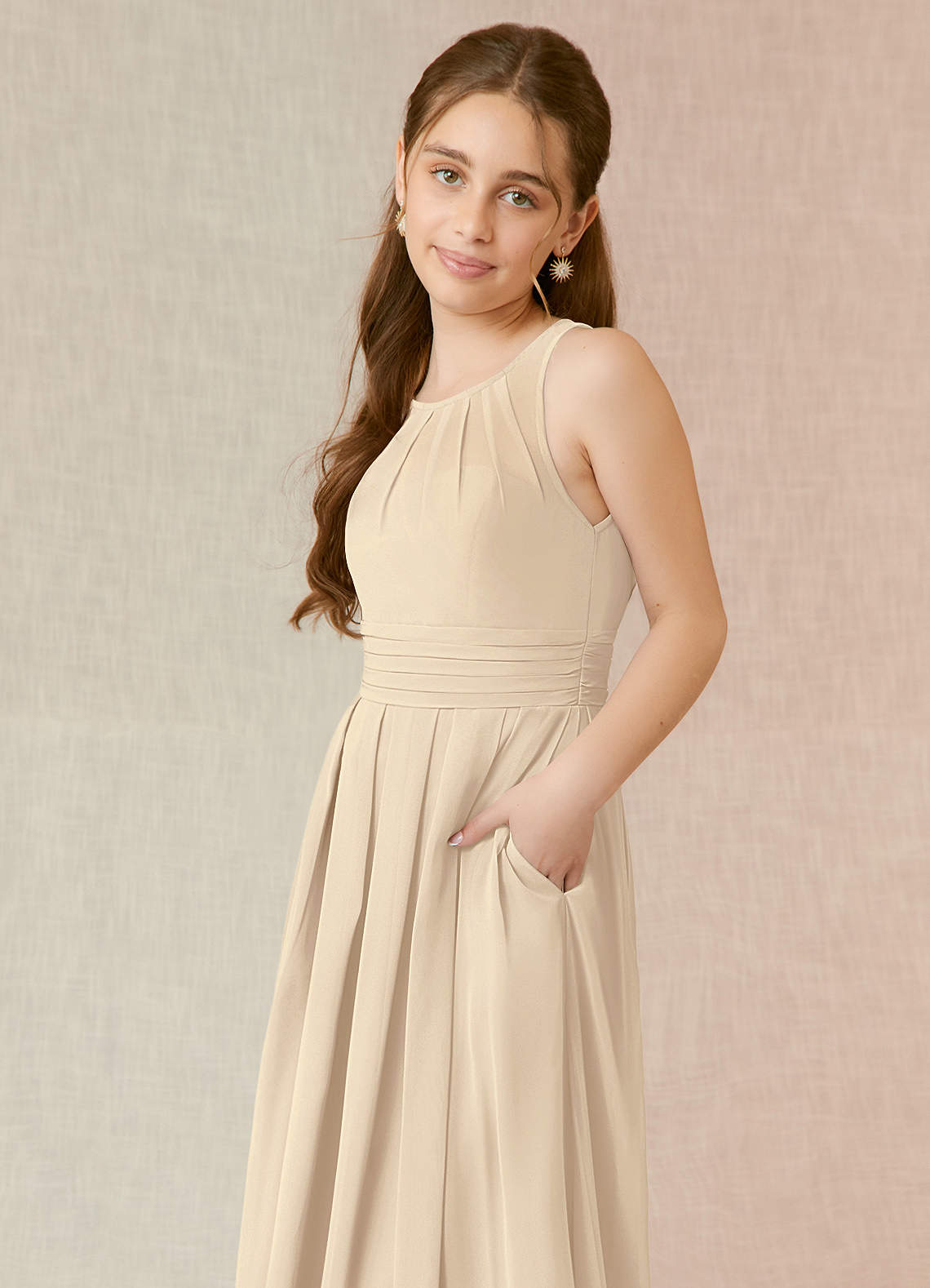 Azazie Bibiane Junior Champagne A-Line Pleated Chiffon Dress image6