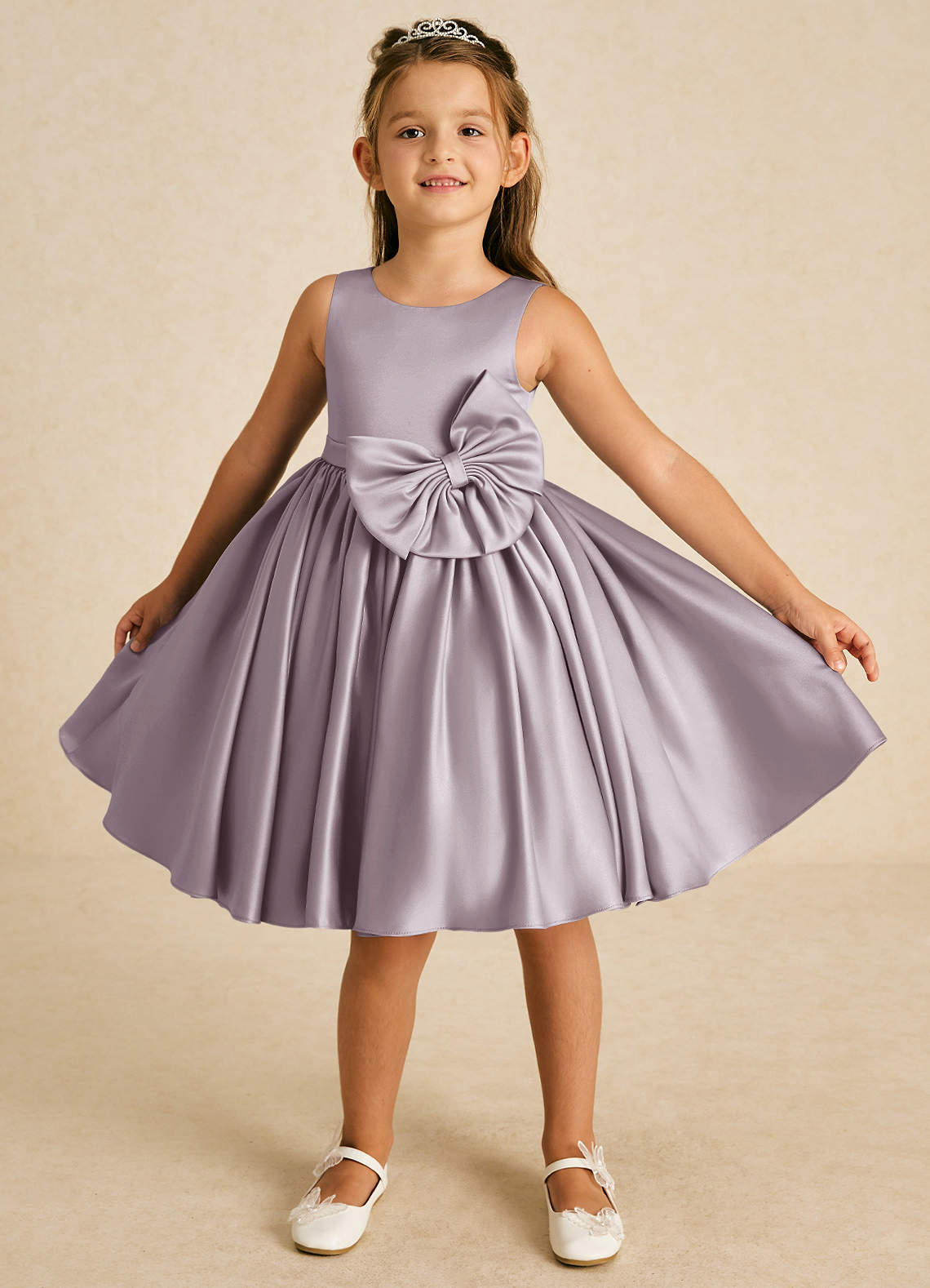 Azazie Apple Flower Girl Dresses Dusk A-Line Bow Matte Satin Dress image1