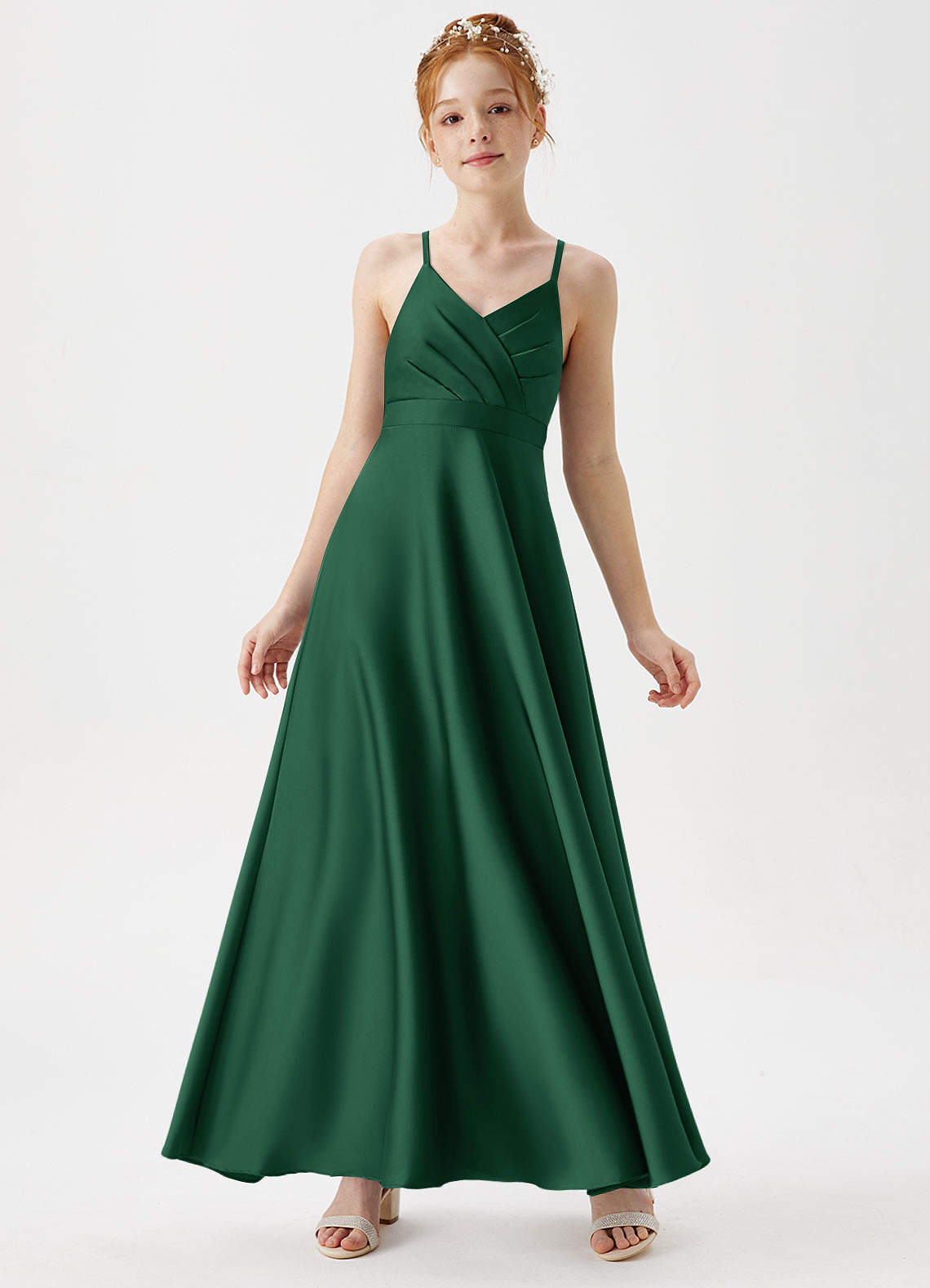 Azazie Avelina Junior Dark Green A-Line Pleated Stretch Satin Dress image1