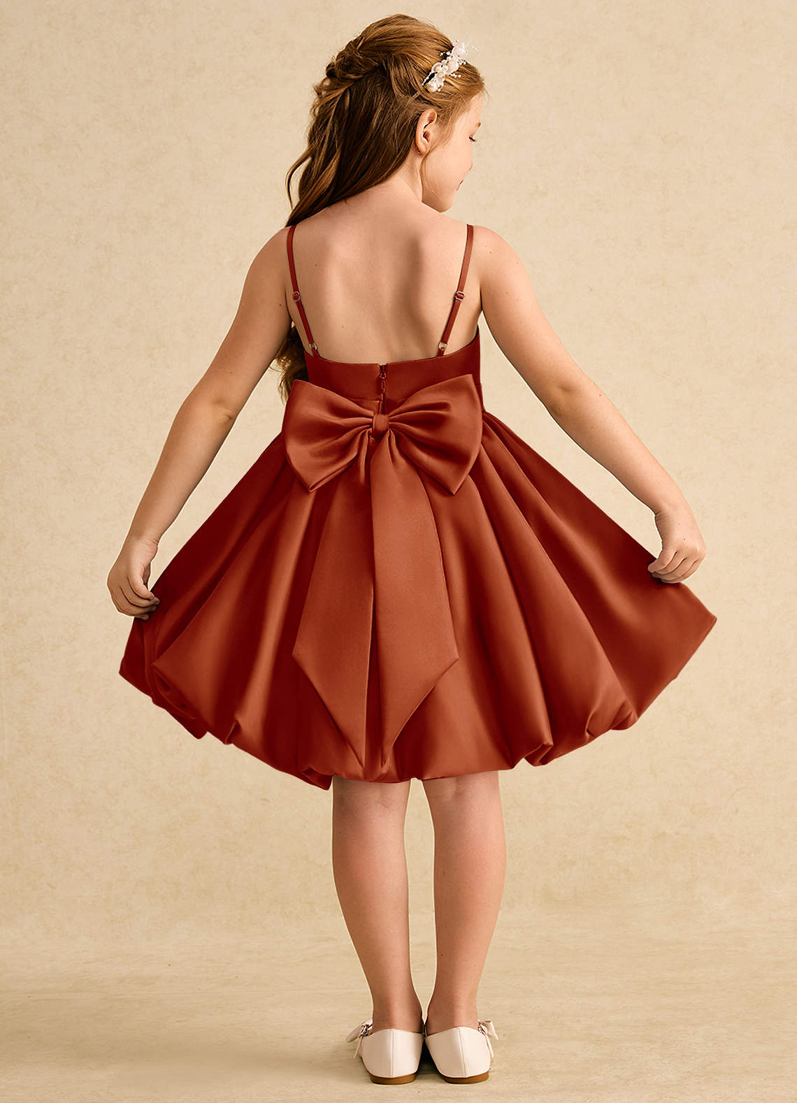 Azazie Davine Flower Girl Dresses Paprika A-Line Spaghetti Strap Matte Satin Dress image1