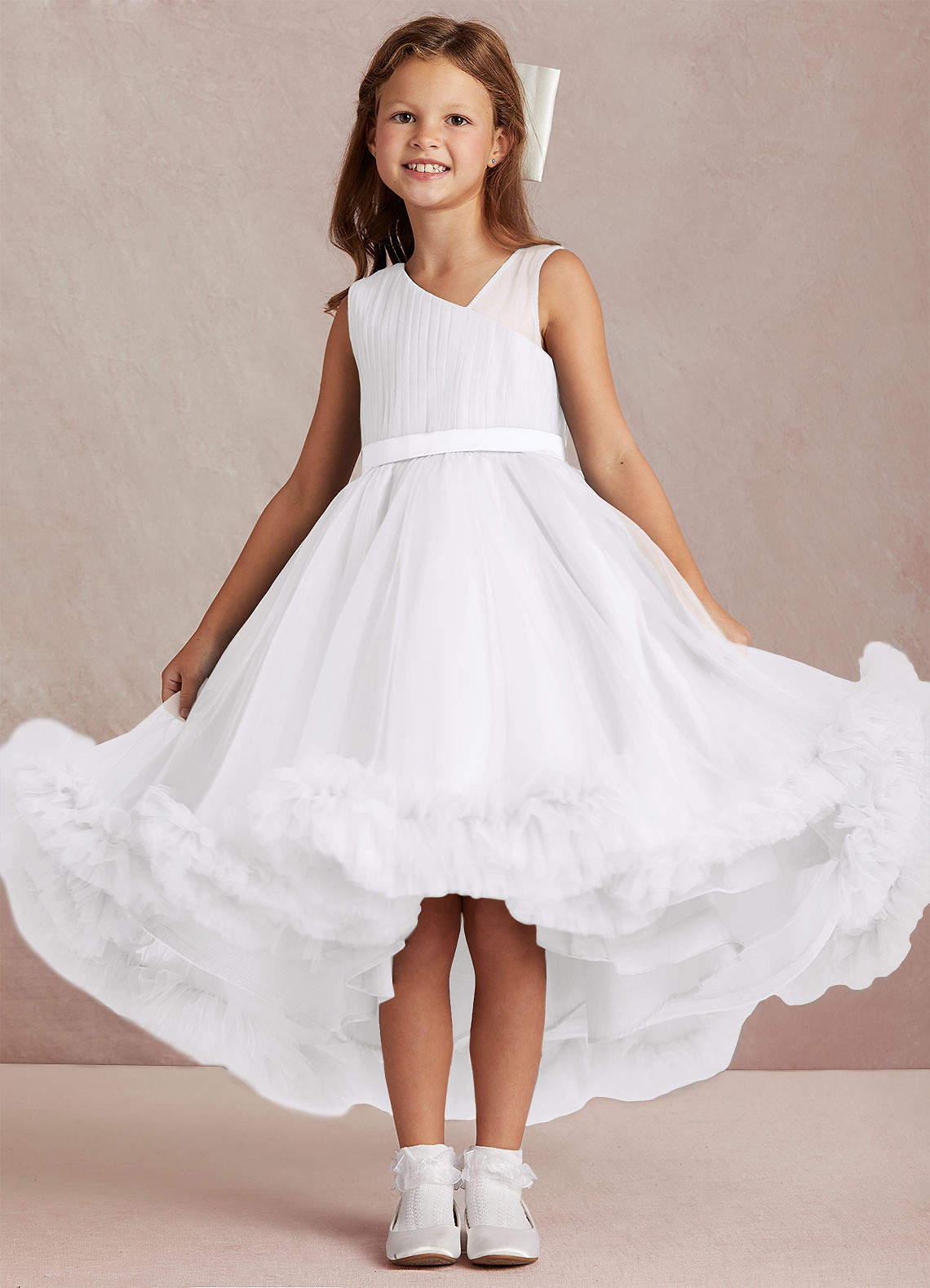 Azazie Lottie Flower Girl Dresses White A-Line One Shoulder Satin Dress image1
