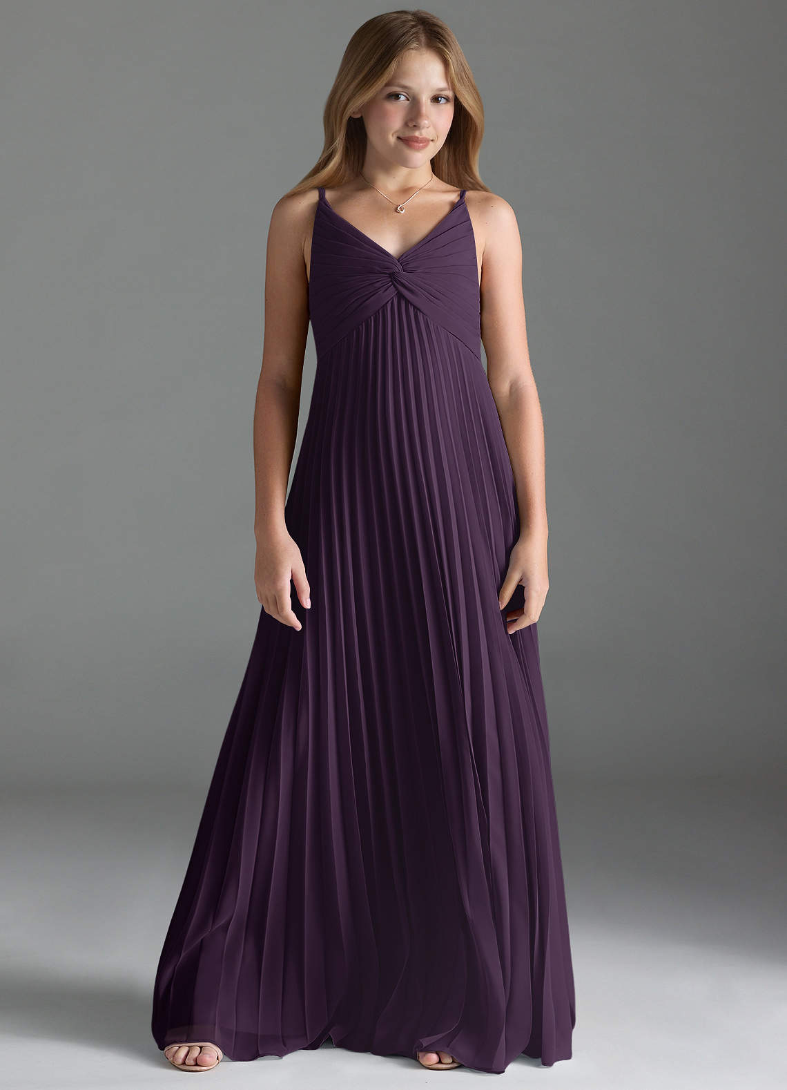 Azazie Raychelle Junior Plum A-Line Pleated Chiffon Dress image1