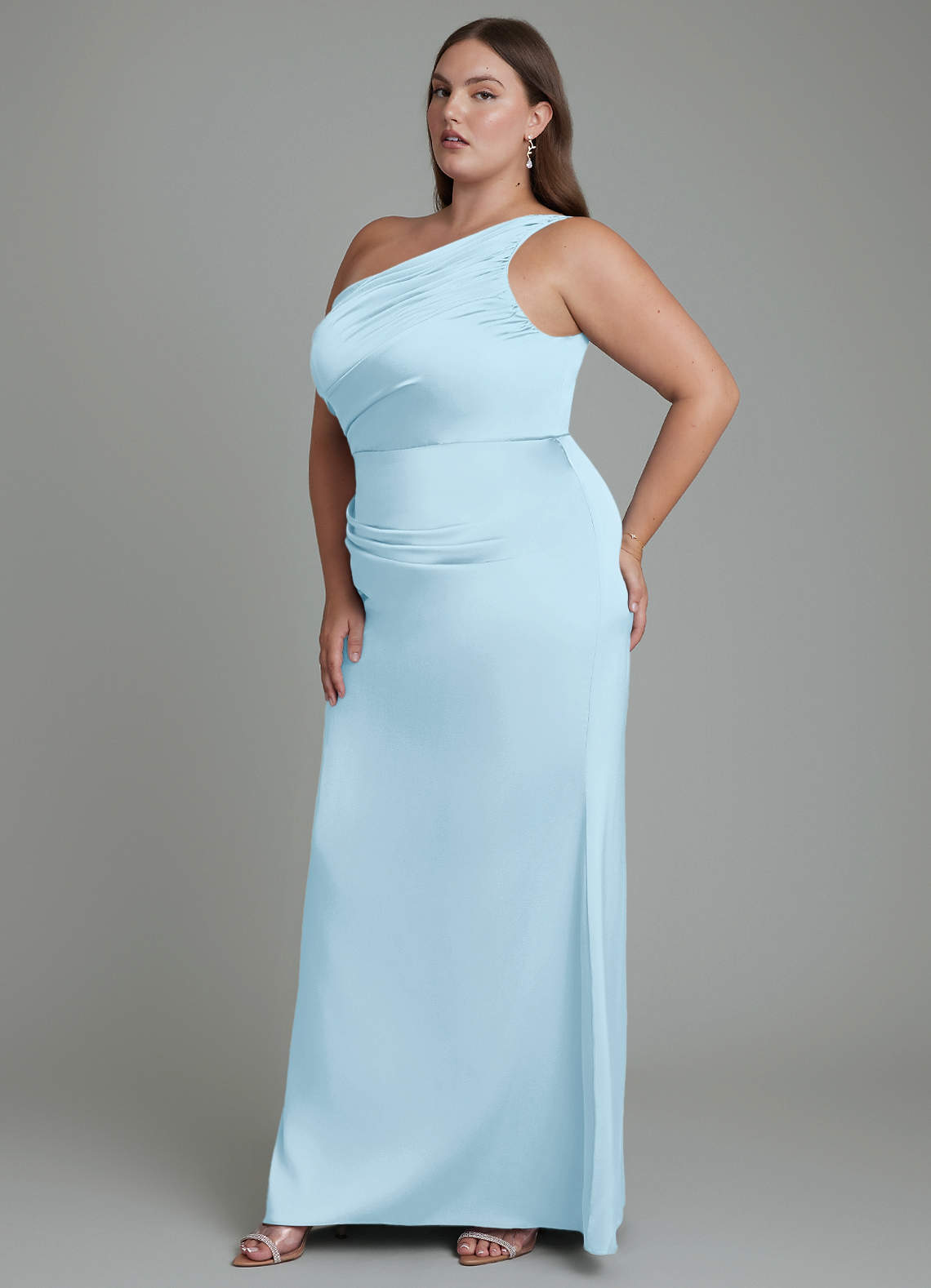 Azazie Akilah At-home Try On Dresses Sky Blue Mermaid One Shoulder Stretch Satin Dress image10