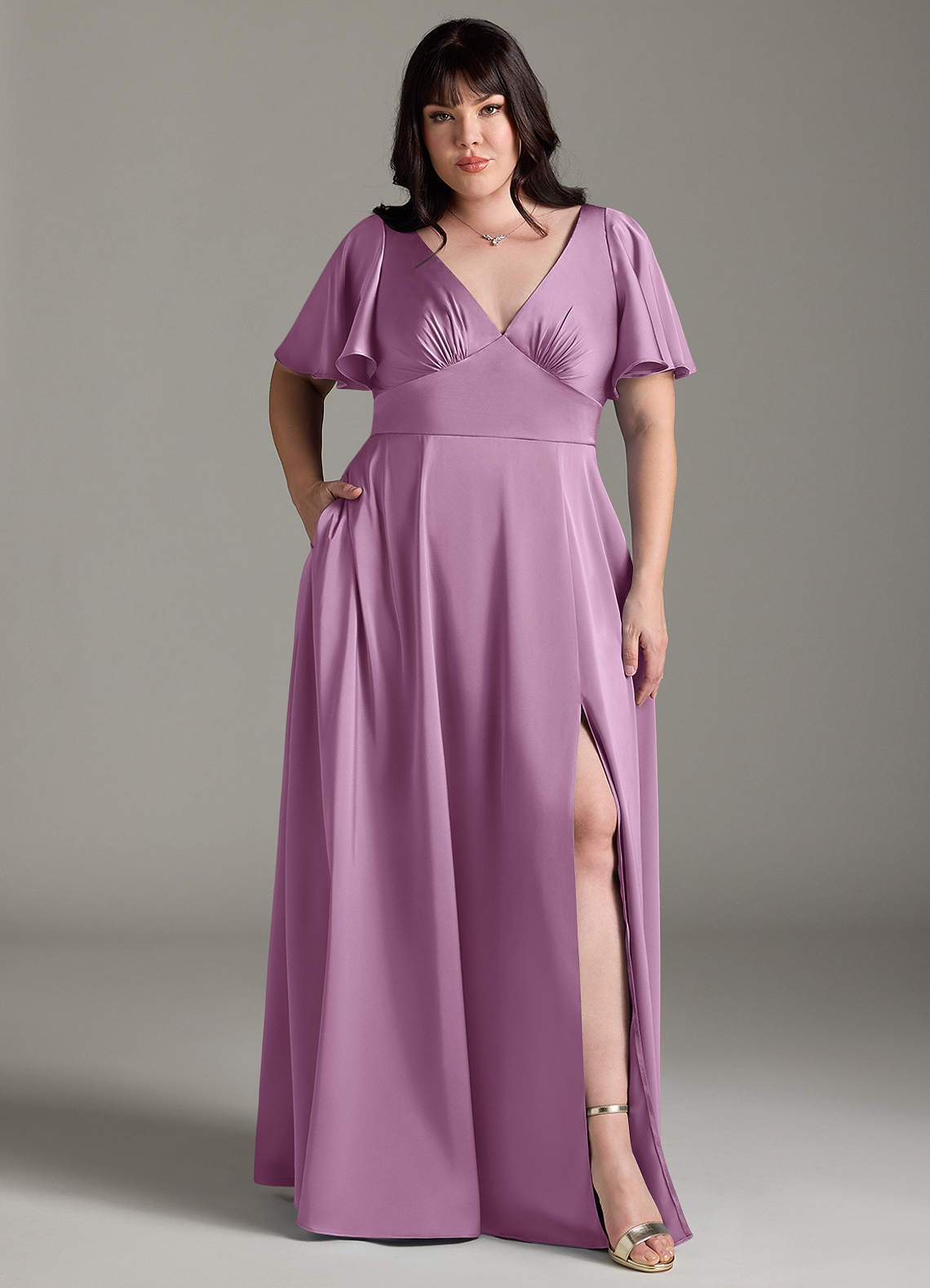 Azazie Kimber Bridesmaid Dresses Wisteria A-Line Ruched Stretch Satin Dress image1