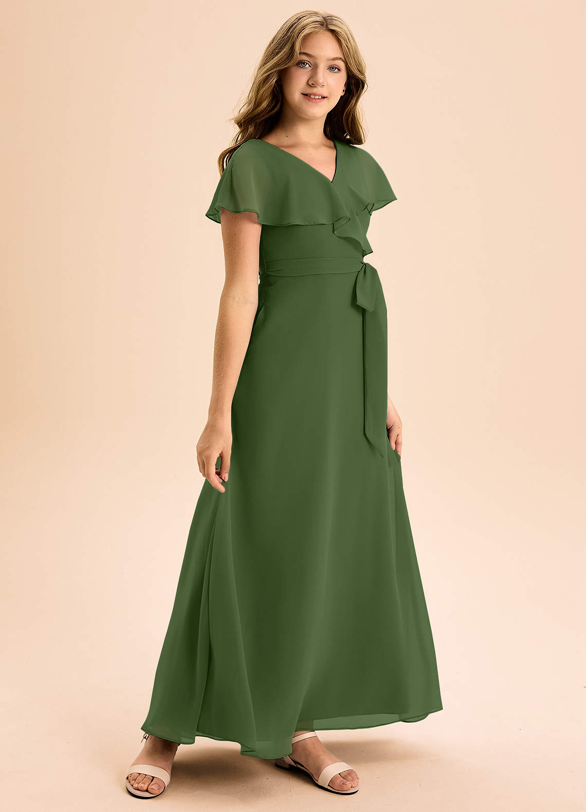 Azazie Lainey Junior Olive A-Line with Pockets Chiffon Dress image1