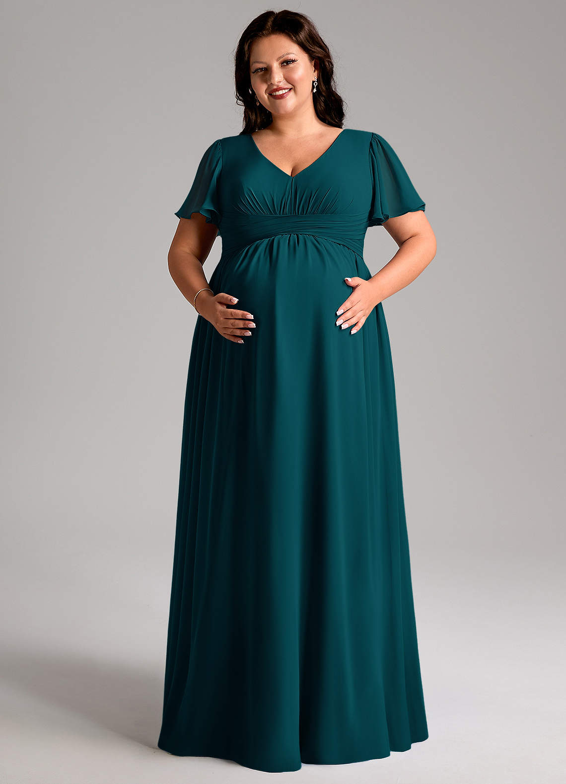 Azazie Verna vestidos de dama de honor de maternidad Vestido de Corte en A Cuello en V fruncido Hasta el suelo Gasa image10